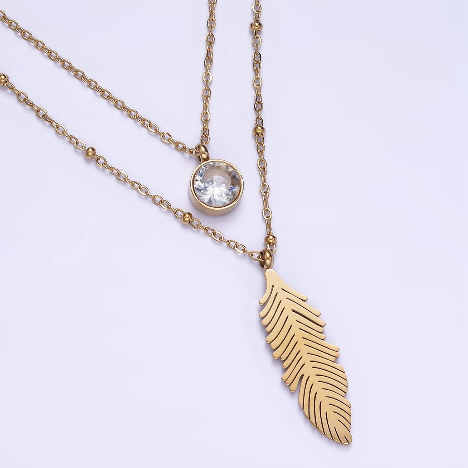 Stainless Steel Clear CZ Feather Cable Satellite Double Layer Chain Stack Necklace | WA-2086 - DLUXCA