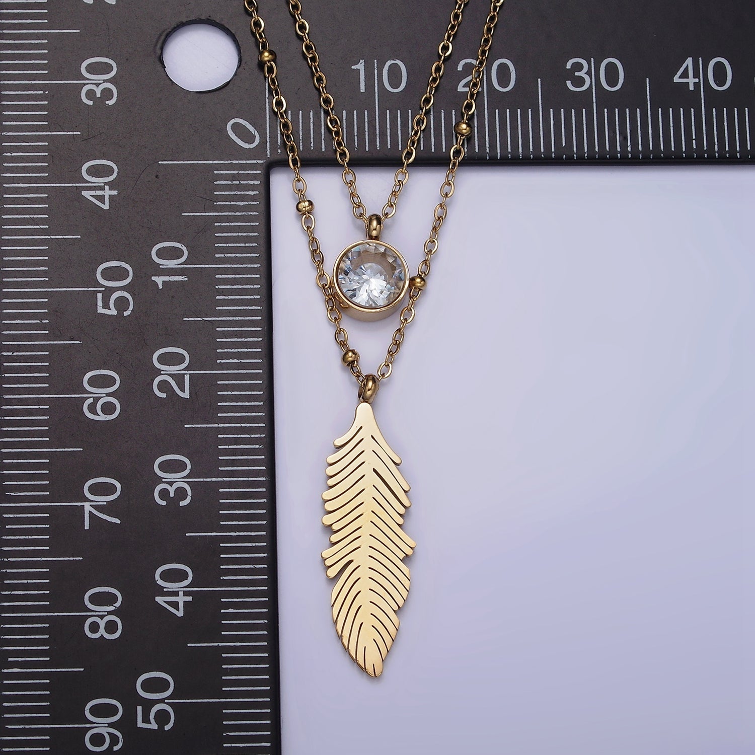 Stainless Steel Clear CZ Feather Cable Satellite Double Layer Chain Stack Necklace | WA-2086 - DLUXCA