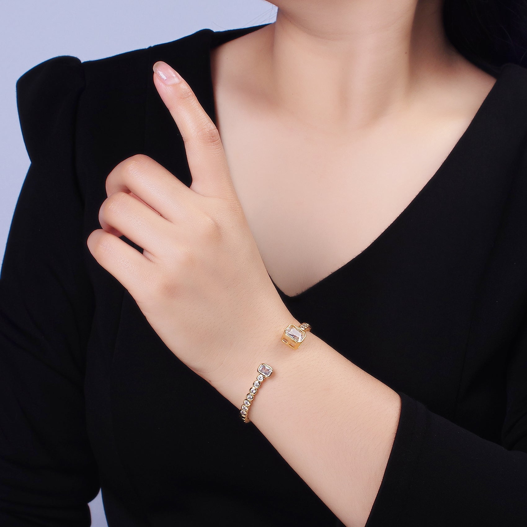 14K Gold Filled Clear Baguette Round CZ Lined Cuff Bracelet in Silver & Gold | WA-2093 WA-2094 - DLUXCA