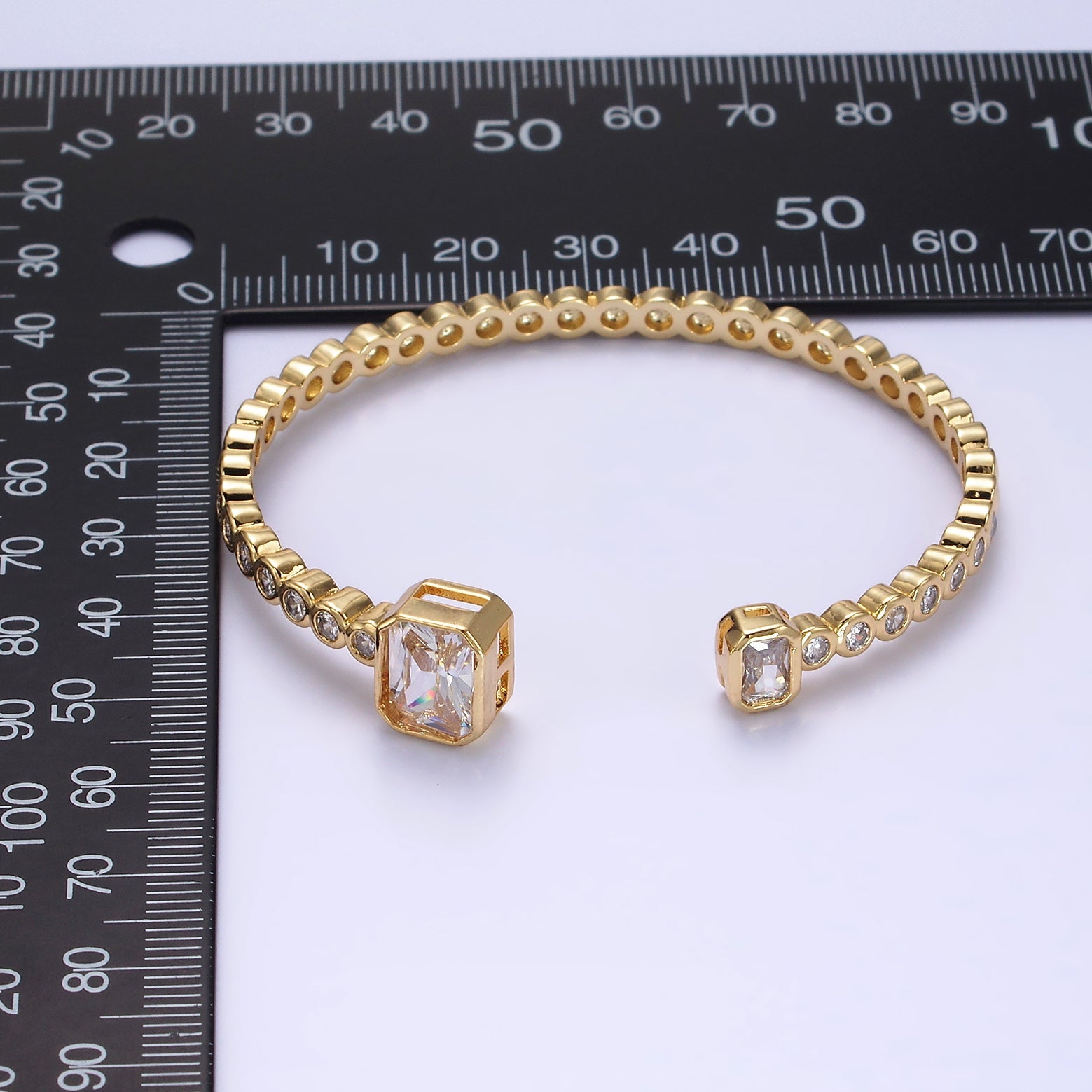 14K Gold Filled Clear Baguette Round CZ Lined Cuff Bracelet in Silver & Gold | WA-2093 WA-2094 - DLUXCA