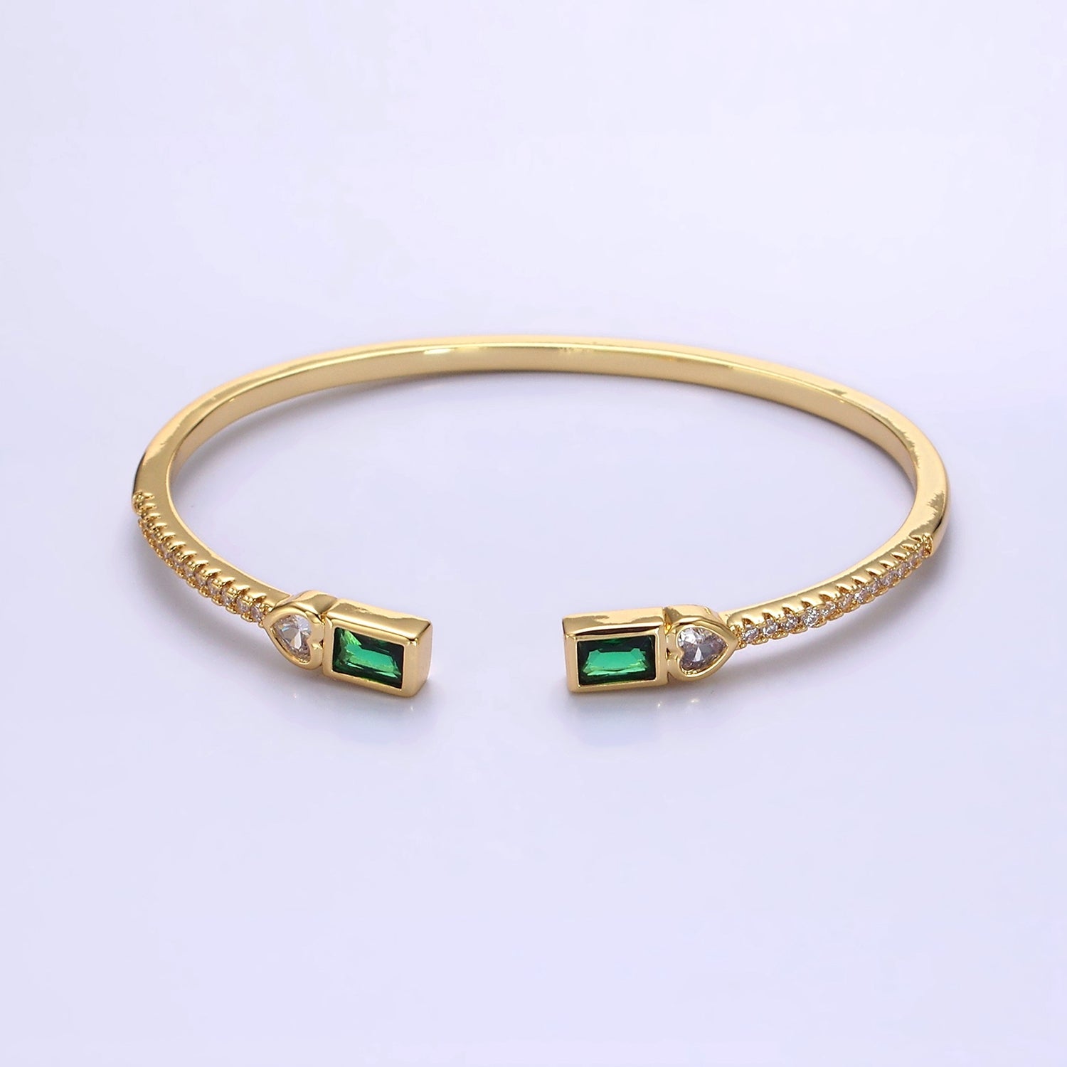 14K Gold Filled Clear, Green, Pink Baguette Heart CZ Micro Paved Cuff Bracelet in Gold & Silver | WA-2124 ~ WA-2128 - DLUXCA