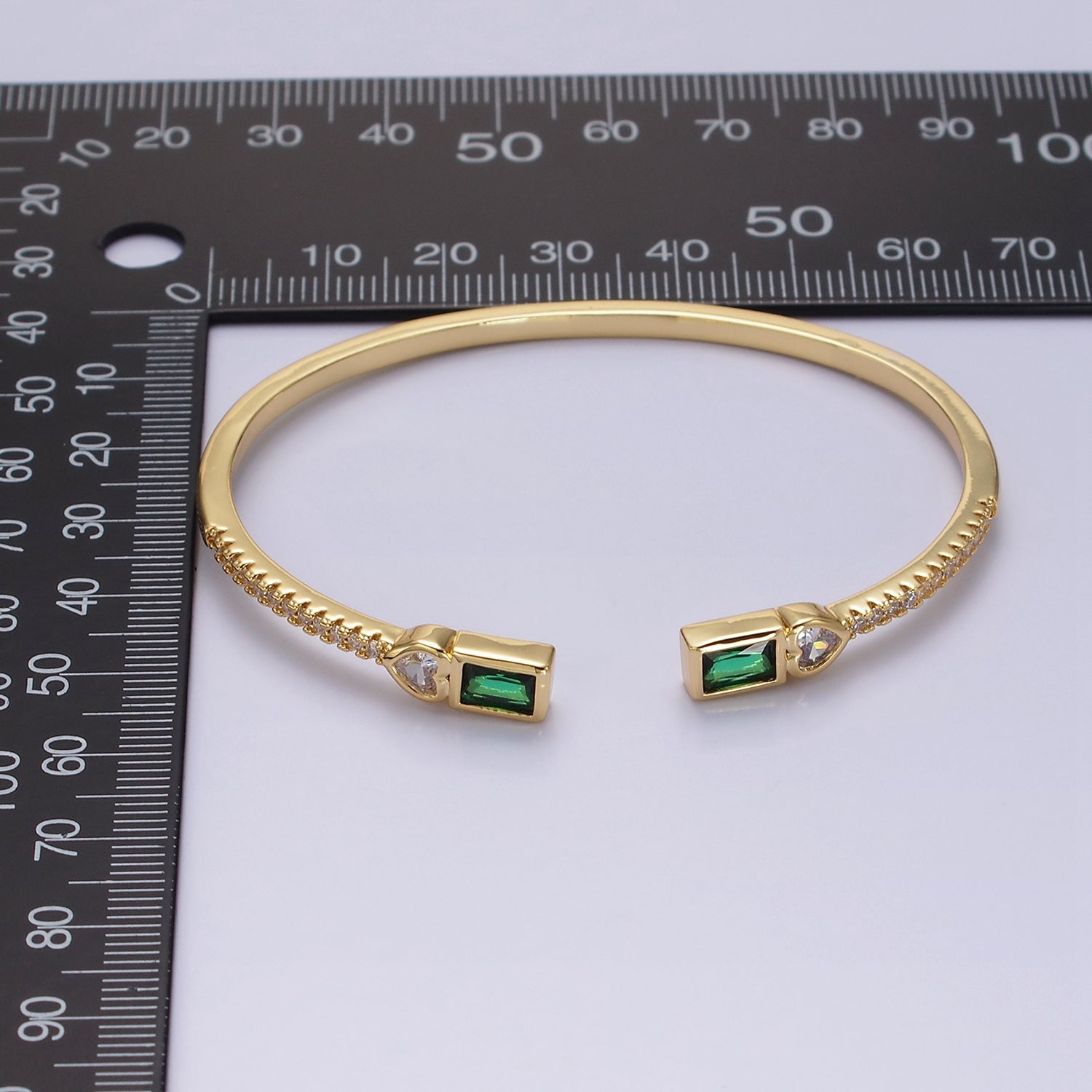 14K Gold Filled Clear, Green, Pink Baguette Heart CZ Micro Paved Cuff Bracelet in Gold & Silver | WA-2124 ~ WA-2128 - DLUXCA