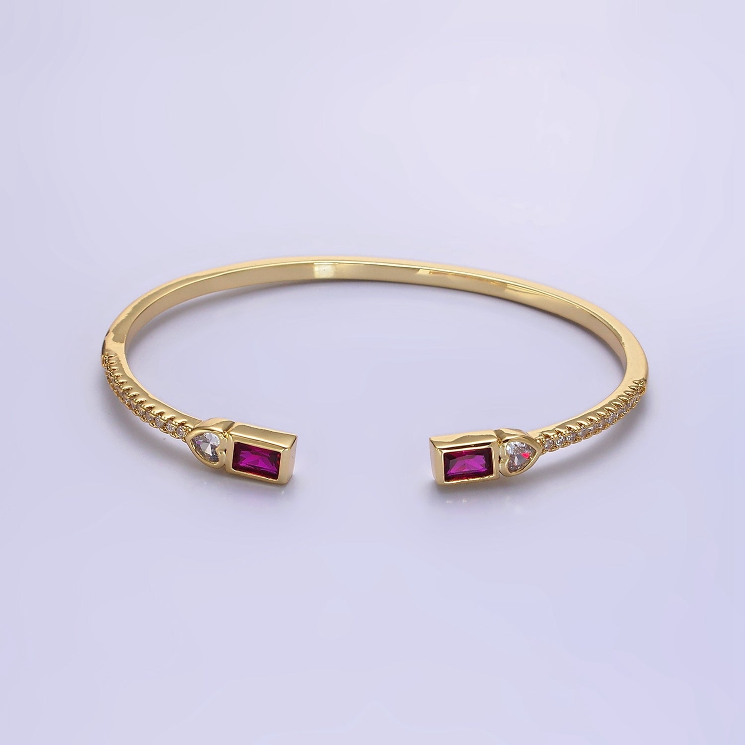 14K Gold Filled Clear, Green, Pink Baguette Heart CZ Micro Paved Cuff Bracelet in Gold & Silver | WA-2124 ~ WA-2128 - DLUXCA