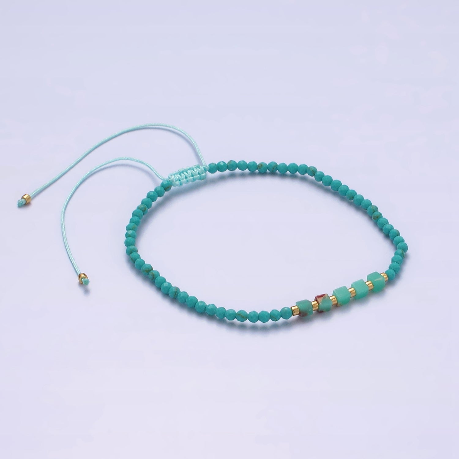 14K Gold Filled Turquoise Multifaceted Turquoise Rope Adjustable Friendship Bracelet | WA-2171 ~ WA-2219 - DLUXCA