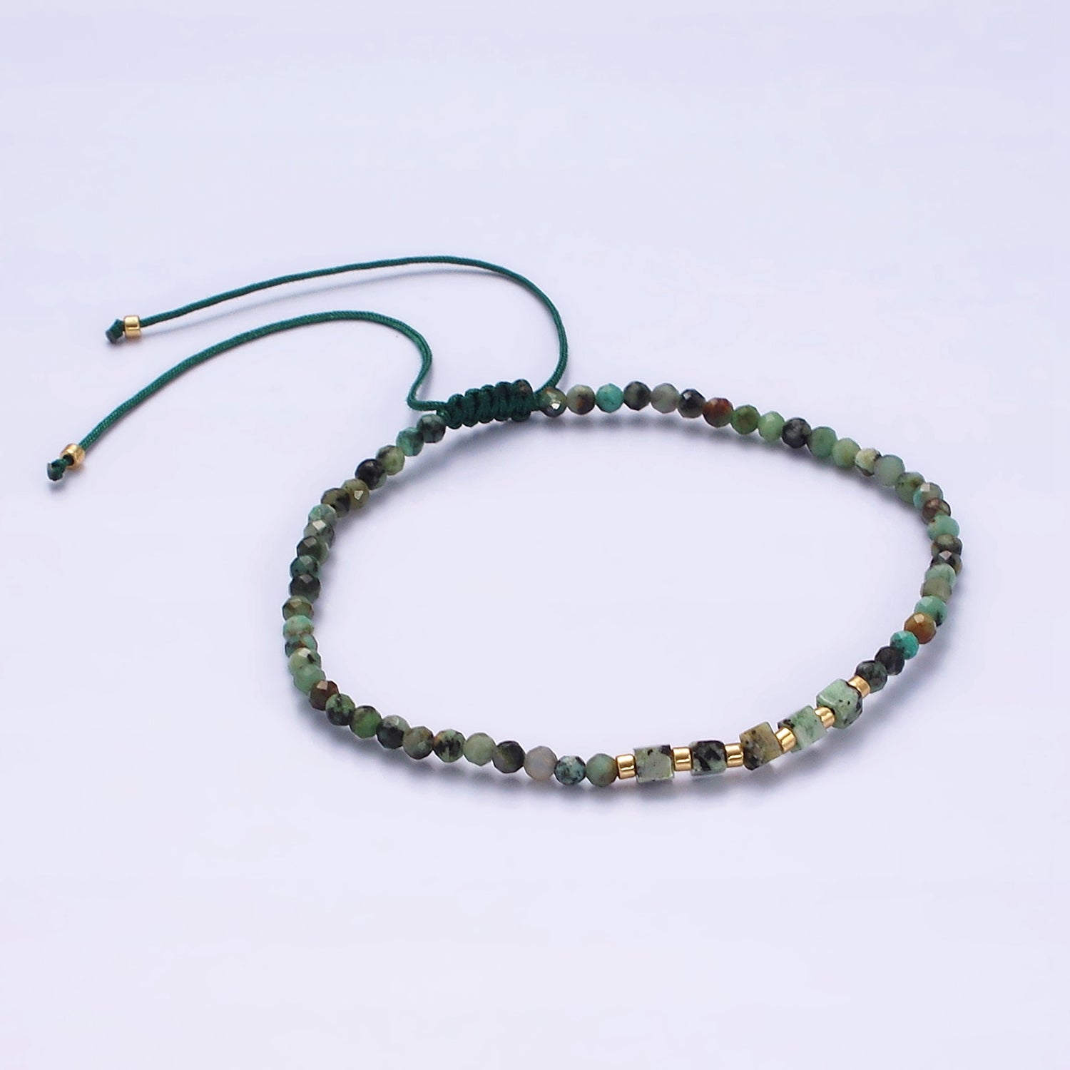 14K Gold Filled Moss Agate Multifaceted Green Rope Adjustable Friendship Bracelet | WA-2174 ~ WA-2176