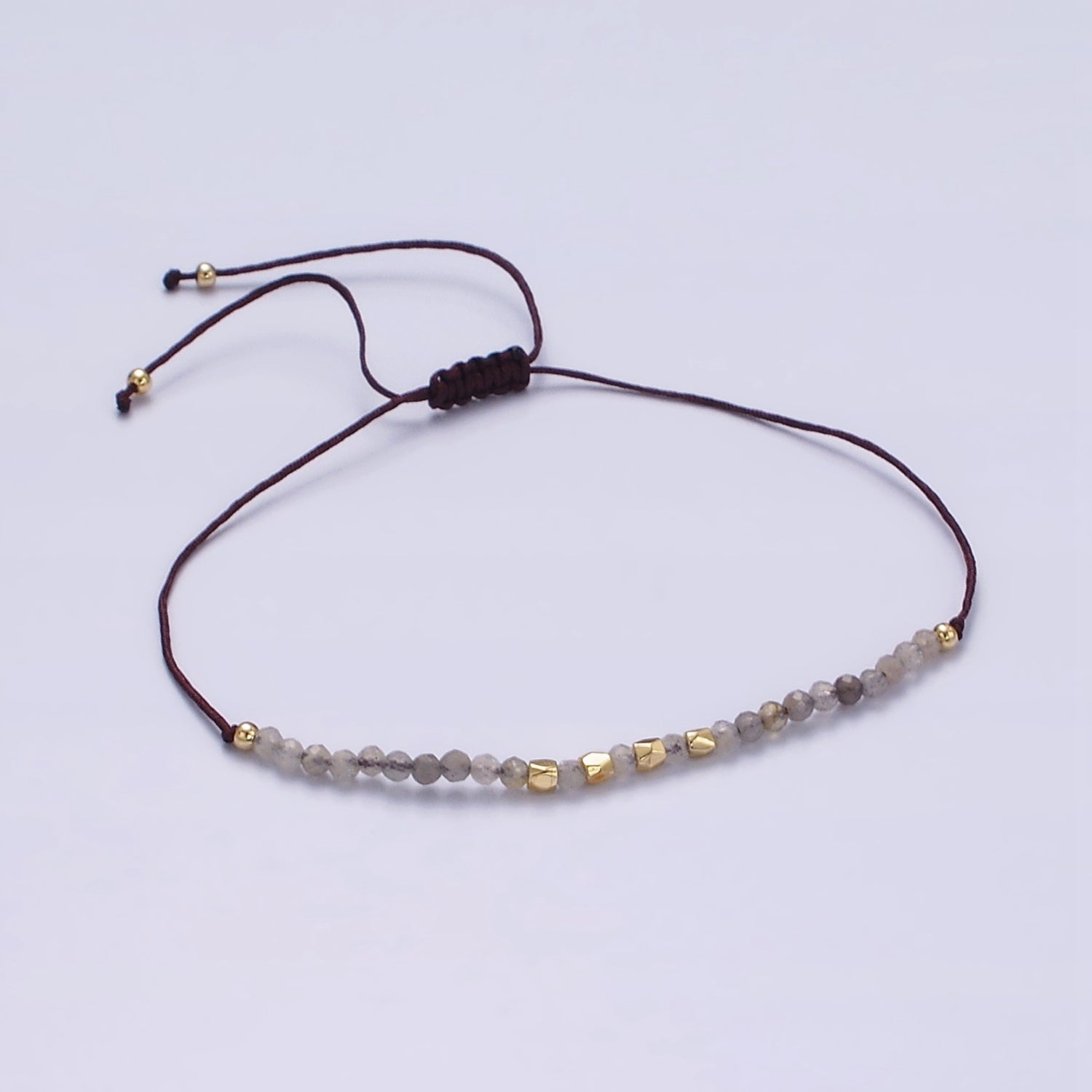 14K Gold Filled Gray Jasper Multifaceted Brown Rope Adjustable Friendship Bracelet | WA-2178 ~ WA-2180