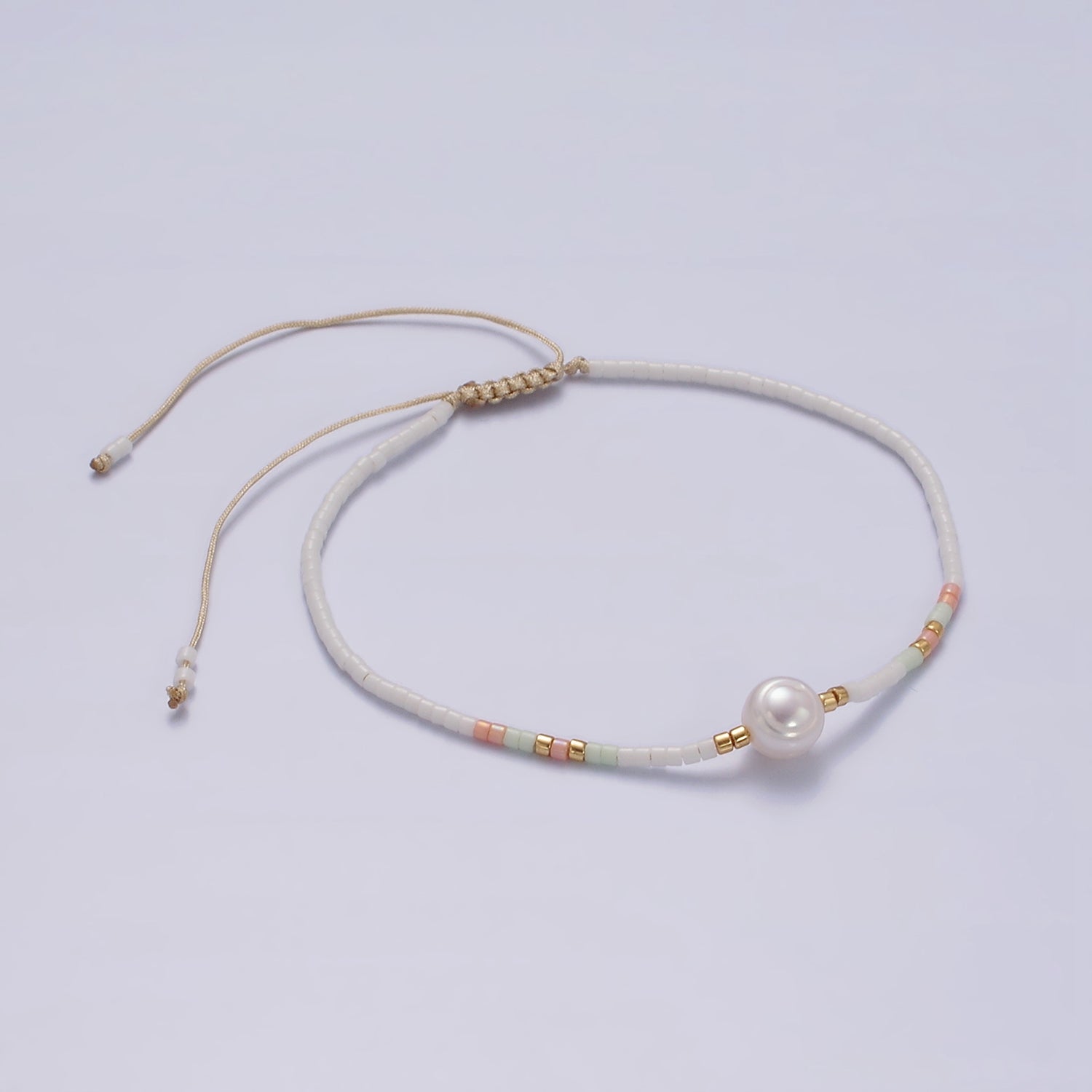 Dainty Shell Pearl Cord Bracelet with White Pink Gold Cylinder Beaded Adjustable Bracelet WA-2199 - DLUXCA