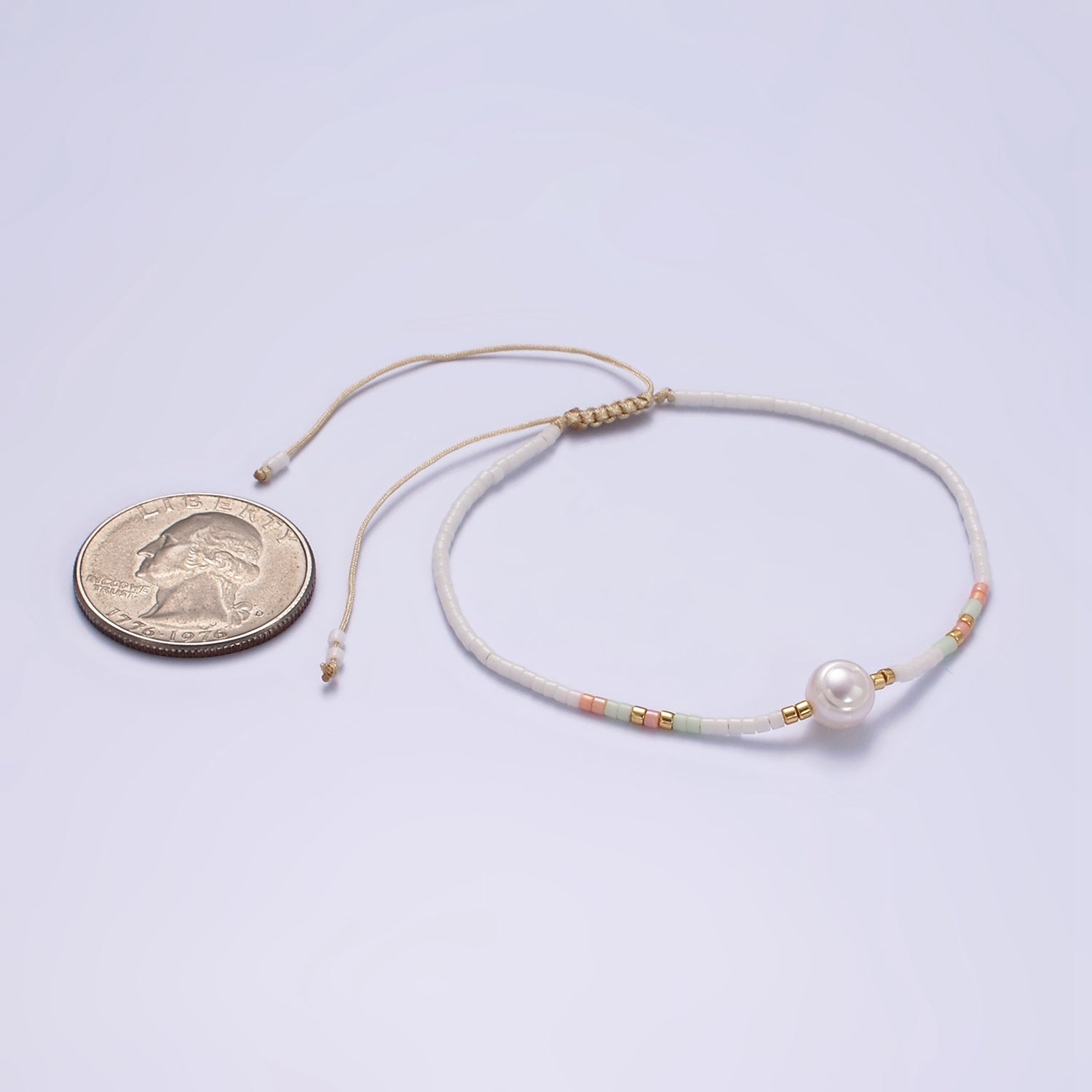 Dainty Shell Pearl Cord Bracelet with White Pink Gold Cylinder Beaded Adjustable Bracelet WA-2199 - DLUXCA