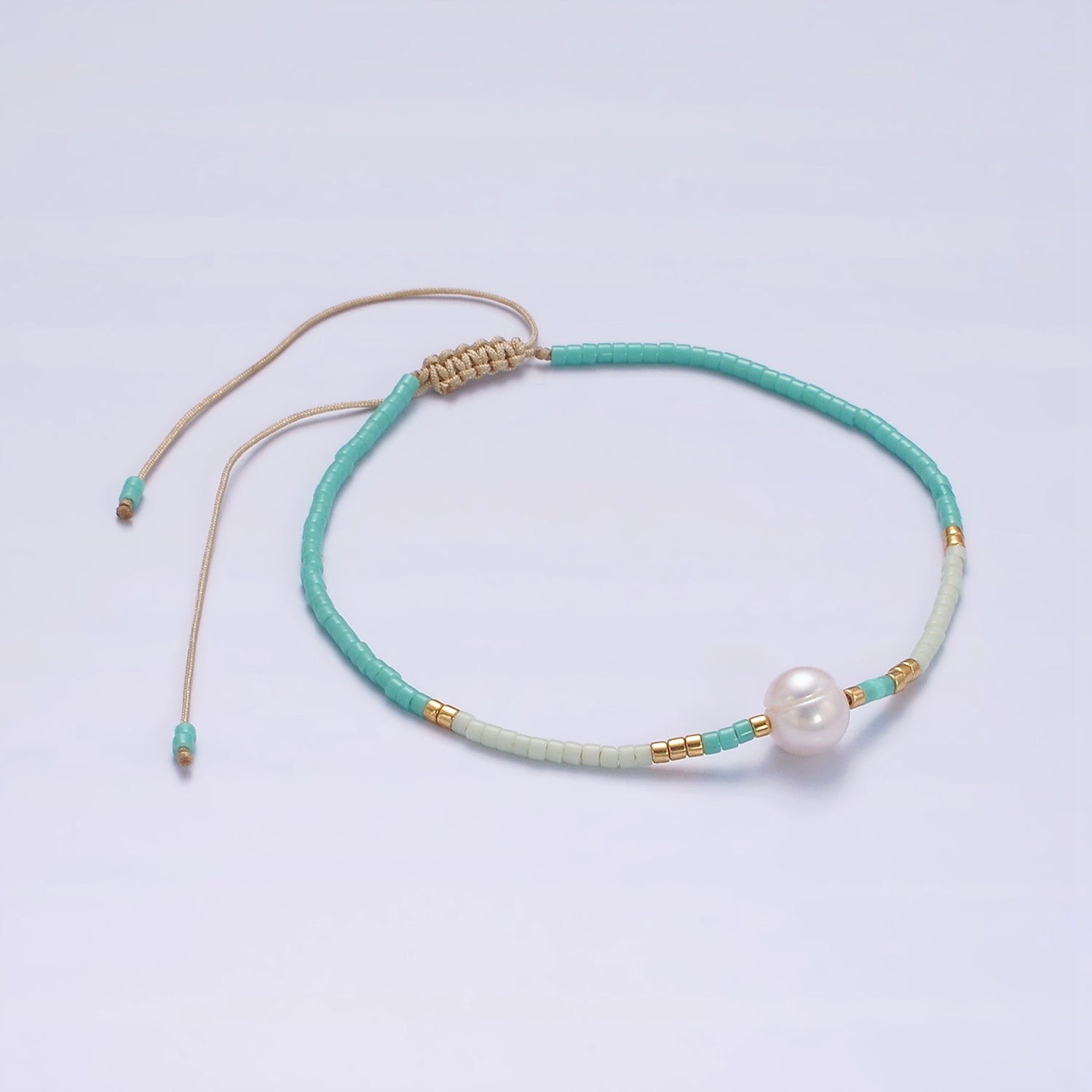 Dainty Shell Pearl Cord Bracelet with Turquoise Gold Cylinder Beaded Adjustable Bracelet WA-2201 - DLUXCA