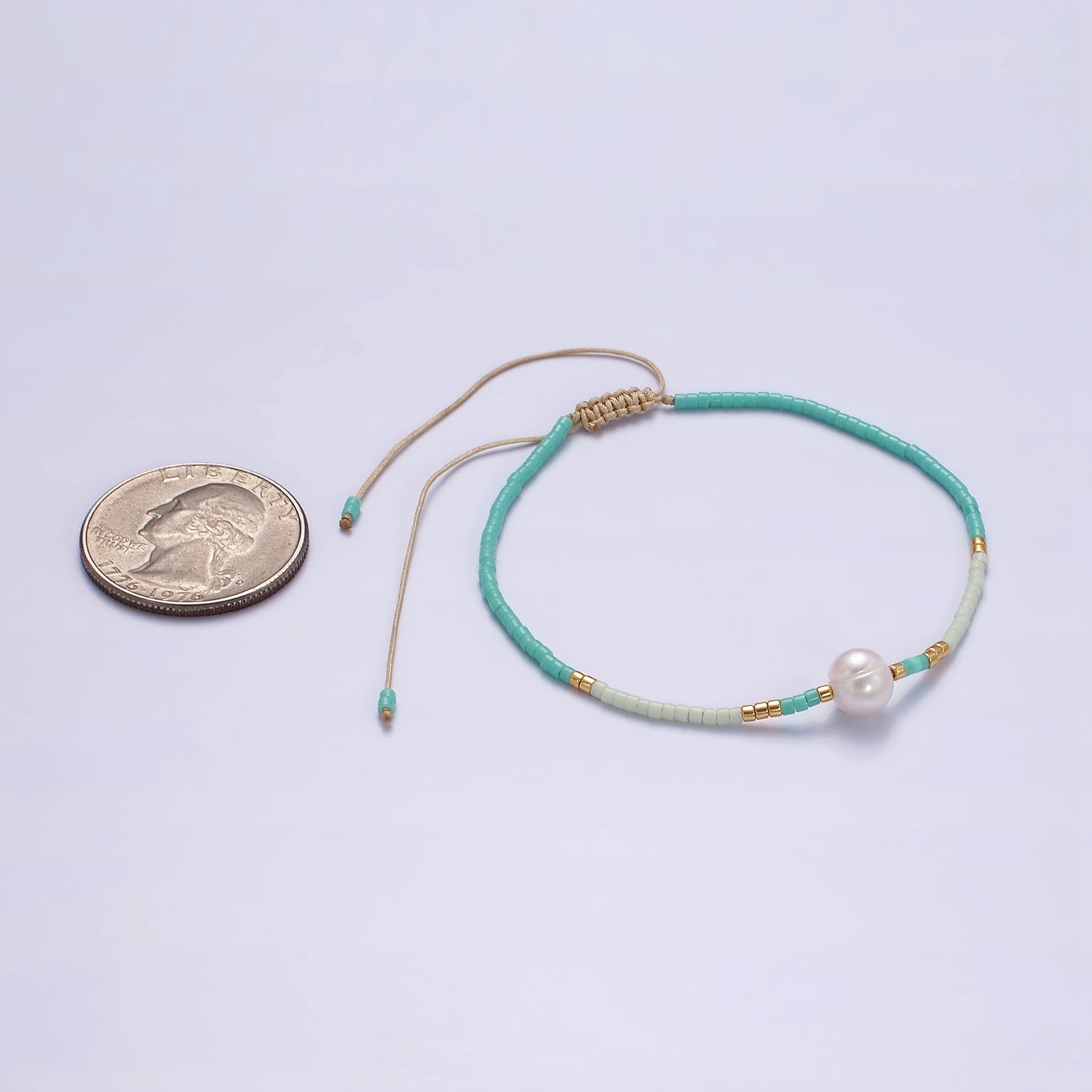 Dainty Shell Pearl Cord Bracelet with Turquoise Gold Cylinder Beaded Adjustable Bracelet WA-2201 - DLUXCA