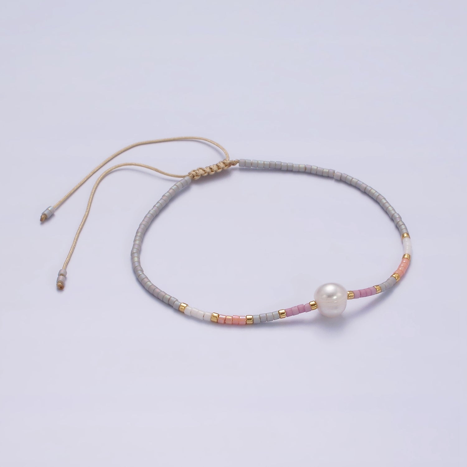 Dainty Shell Pearl Cord Bracelet with Gray Pink Gold Cylinder Beaded Adjustable Bracelet WA-2202 - DLUXCA