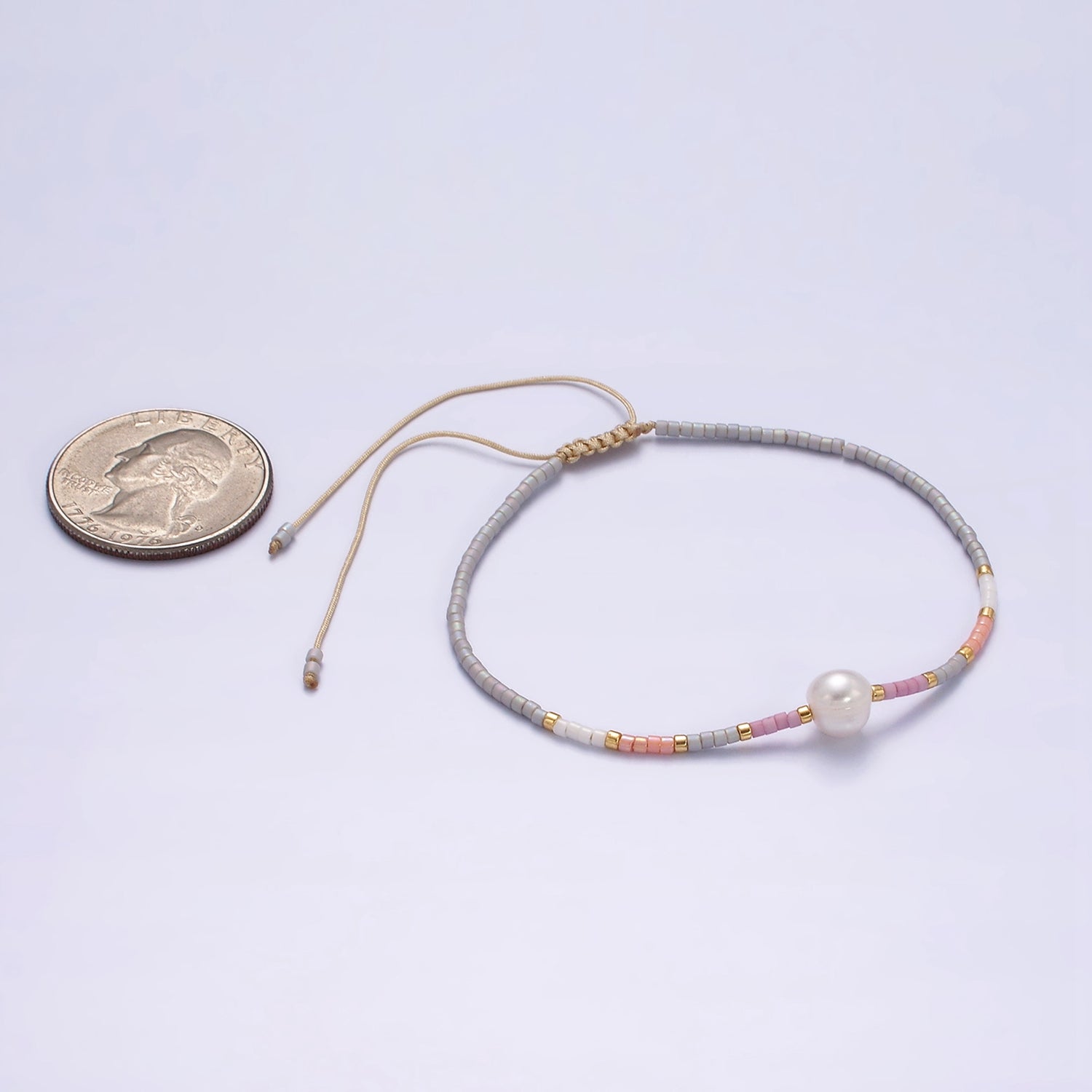 Dainty Shell Pearl Cord Bracelet with Gray Pink Gold Cylinder Beaded Adjustable Bracelet WA-2202 - DLUXCA
