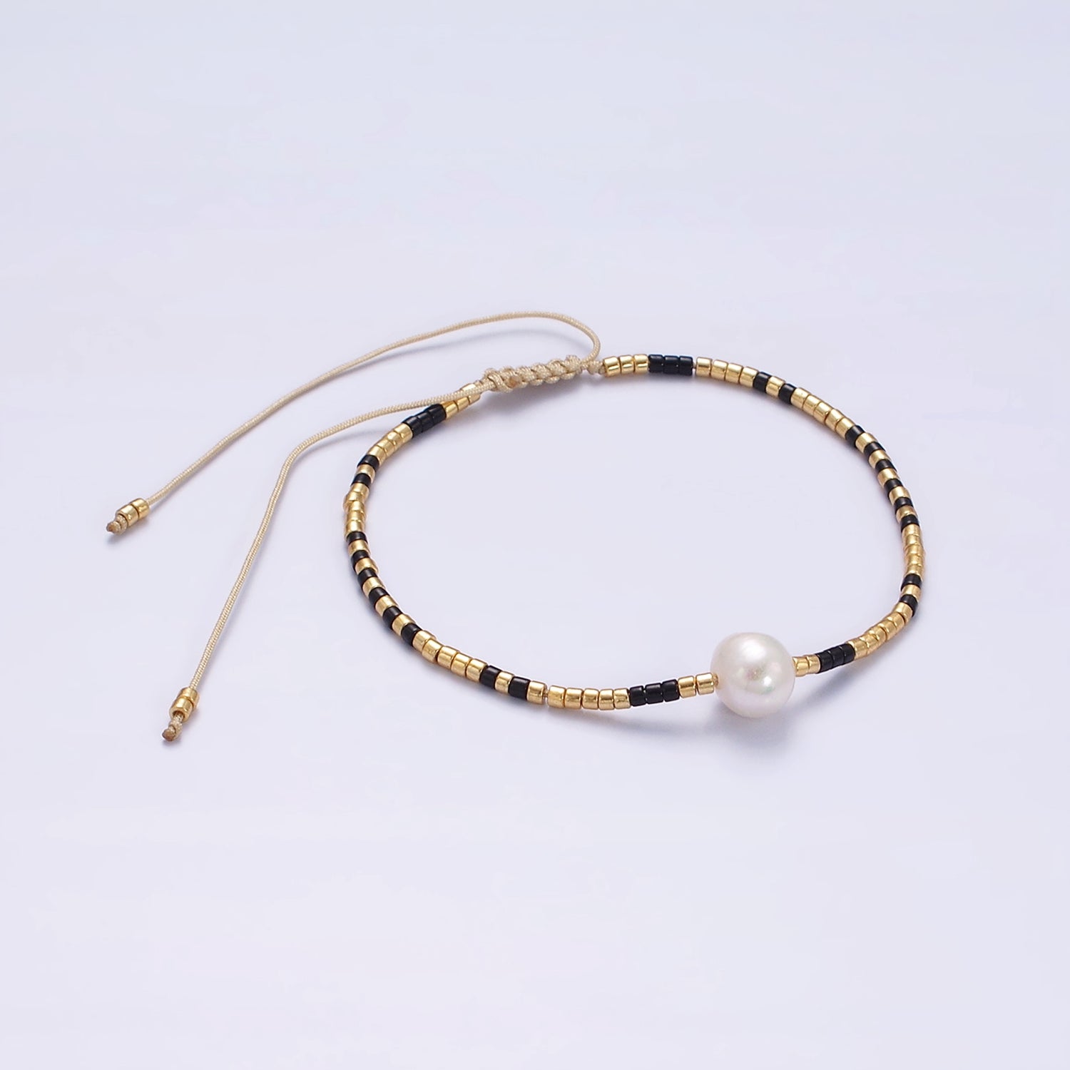 Dainty Shell Pearl Cord Bracelet with Gold Black Beaded Adjustable Bracelet WA-2203 - DLUXCA