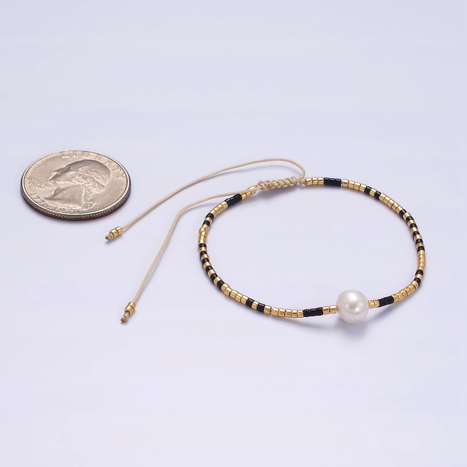 Dainty Shell Pearl Cord Bracelet with Gold Black Beaded Adjustable Bracelet WA-2203 - DLUXCA