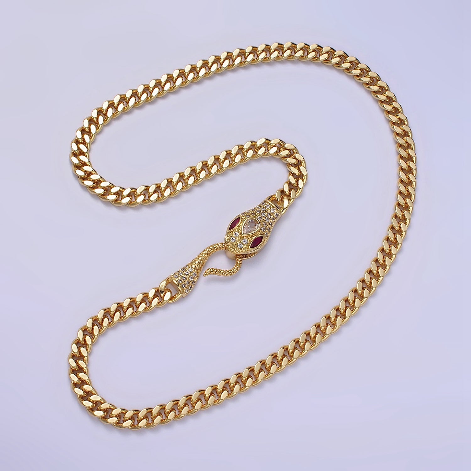 14K Gold Filled Fuchsia. Green Eyed Snake Textured Bite 18 Inch Curb Chain Necklace | WA-224 - DLUXCA