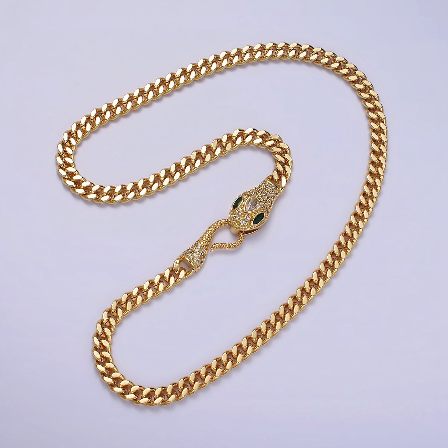 14K Gold Filled Fuchsia. Green Eyed Snake Textured Bite 18 Inch Curb Chain Necklace | WA-224 - DLUXCA