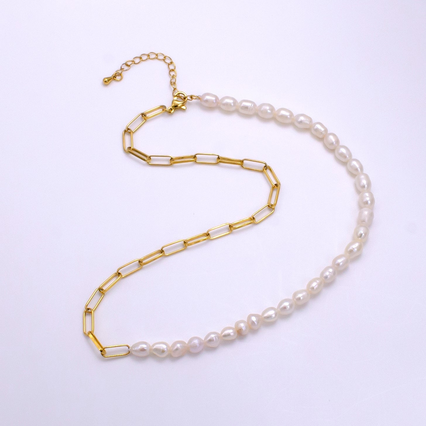 Stainless Steel 4mm Paperclip Half Ringed Freshwater Pearl 16 Inch Choker Necklace | WA-2324