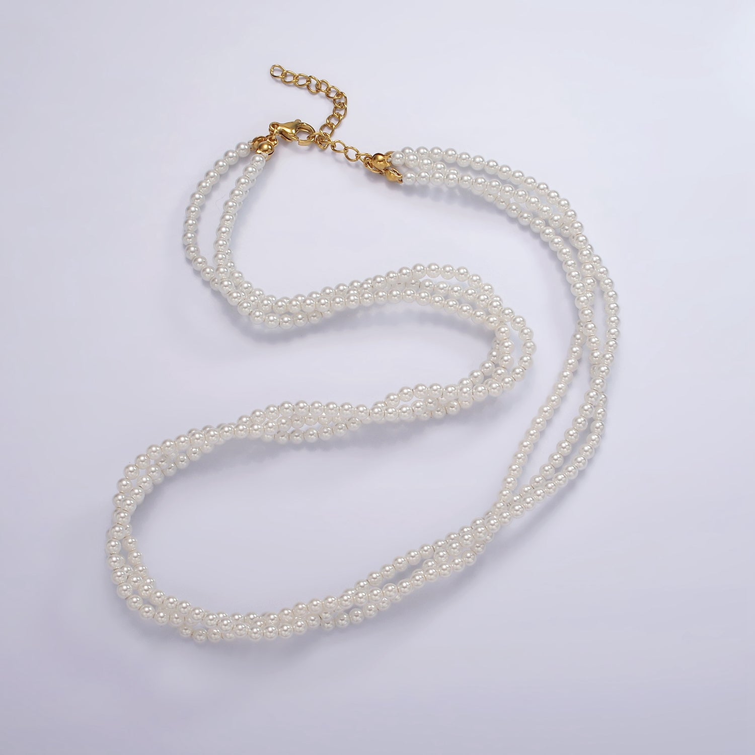 24K Gold Filled Triple 3mm Round Shell Pearl 17 Inch Choker Necklace w. Extender | WA-2330