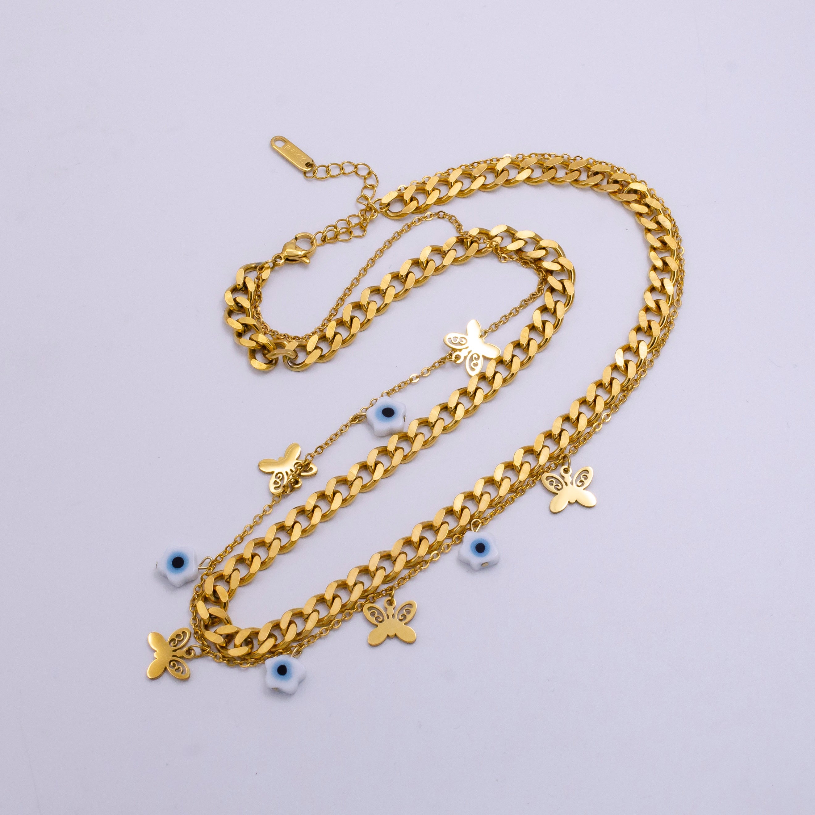 Stainless Steel Evil Eye Flower Butterfly Cable Curb Chain Double Layer Necklace | WA-2341