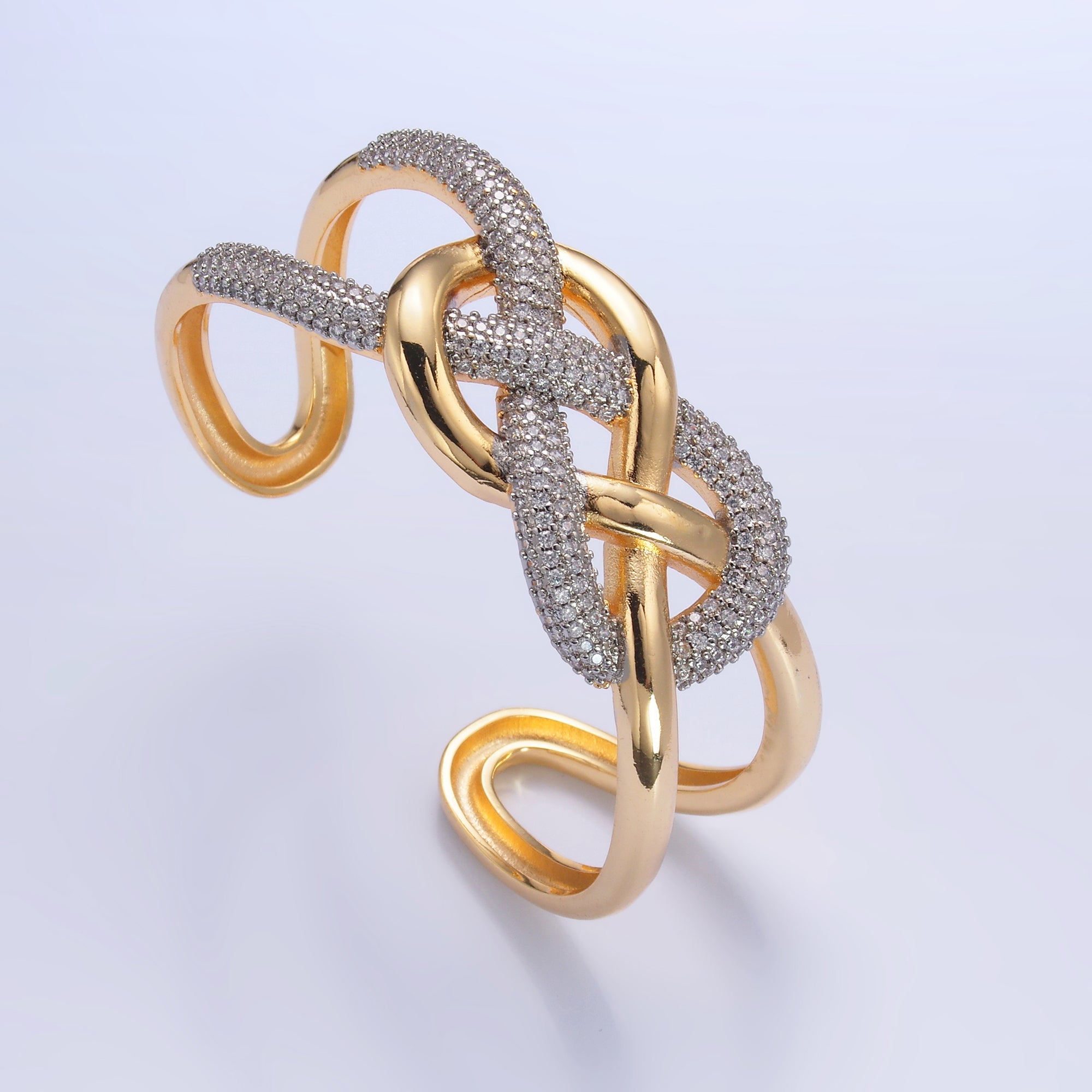 24K Gold Filled Micro Paved CZ Mixed Metal Artisan Band Cuff Bracelet | WA-2725