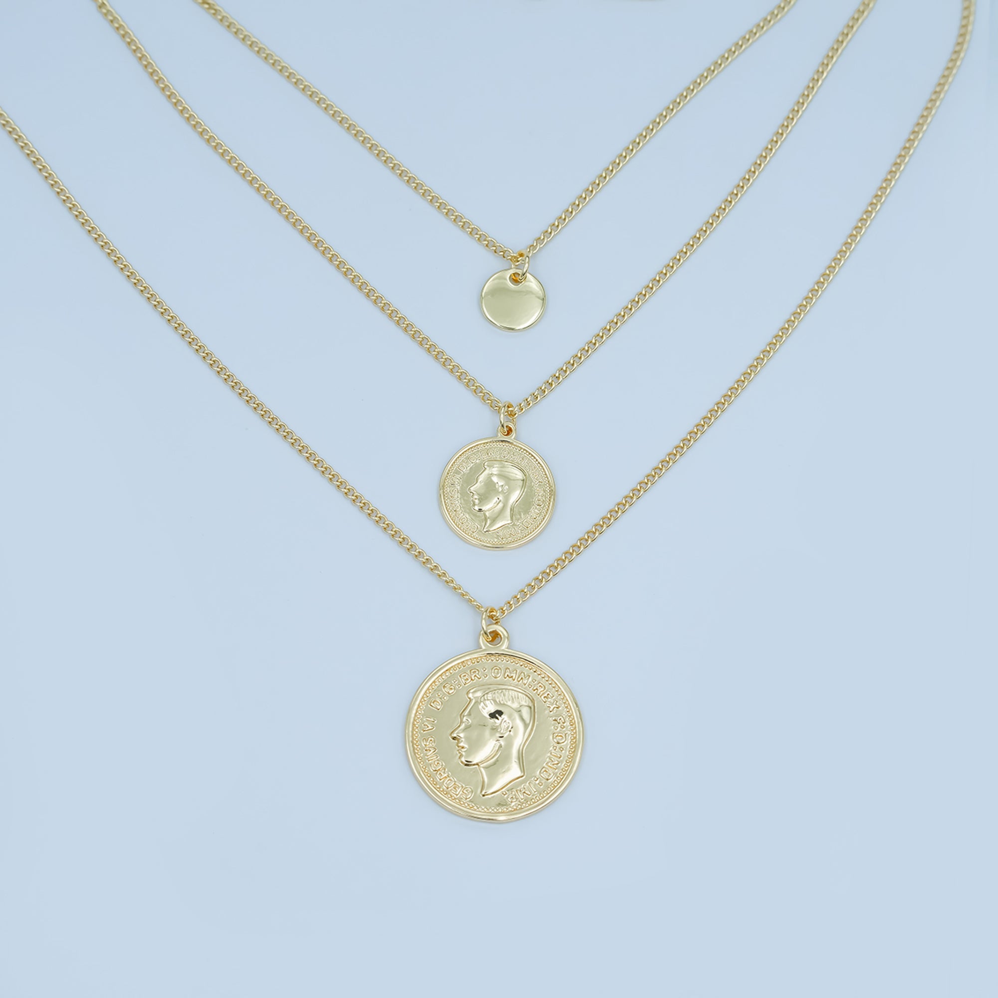 24K Gold Filled Face Coin Triple Layer Curb Chain Necklace | WA-3051