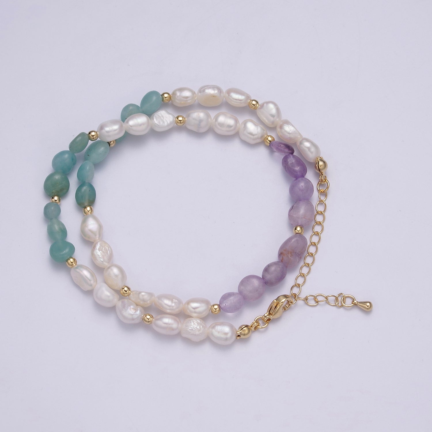 14K Gold Filled 5mm Ringed Freshwater Pearl Amethyst Amazonite Bead 16 Inch Choker Necklace | WA-457