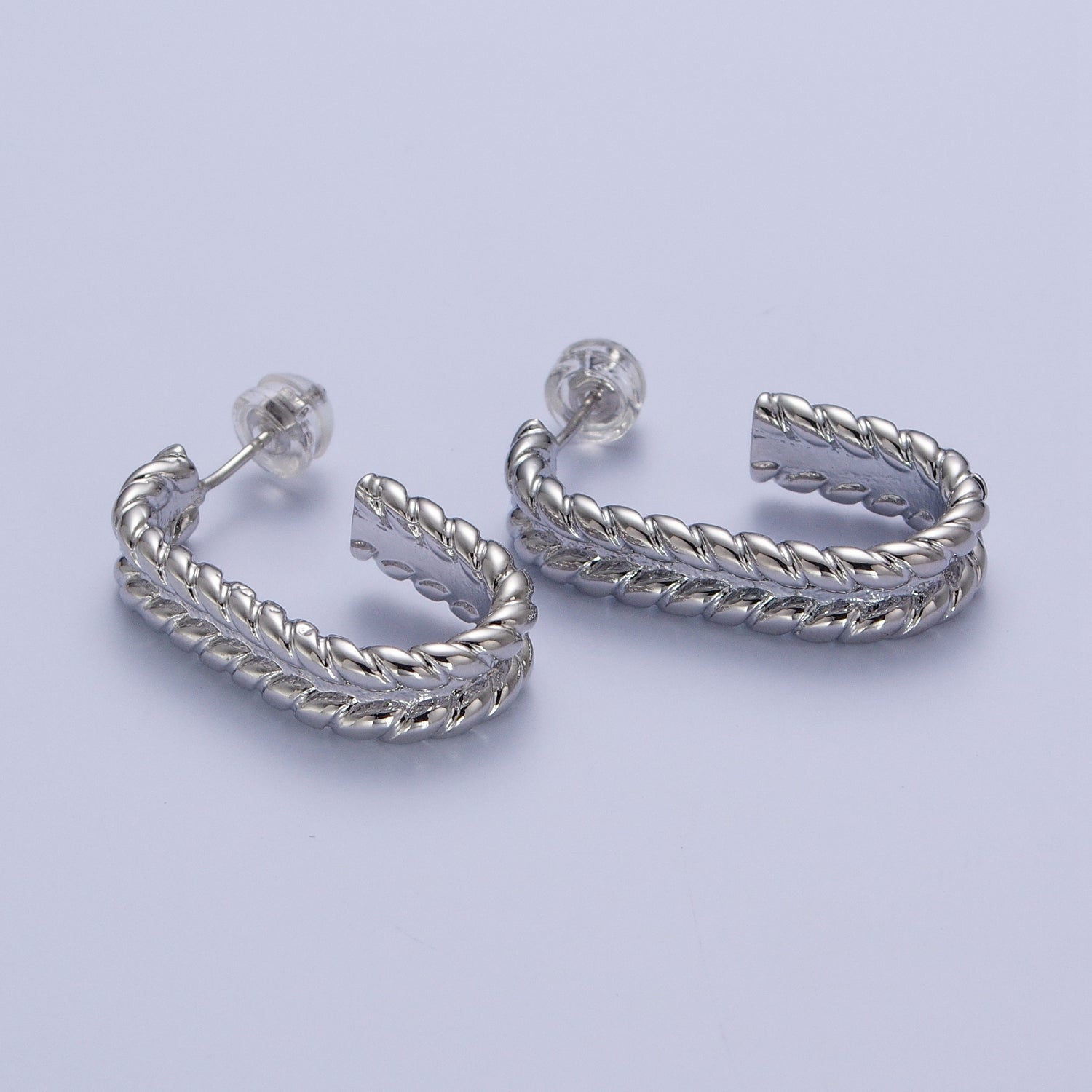 Wide Braided Twist Wheat J Shaped Hoop Stud Earrings in Gold & Silver | AD-528 AD-529