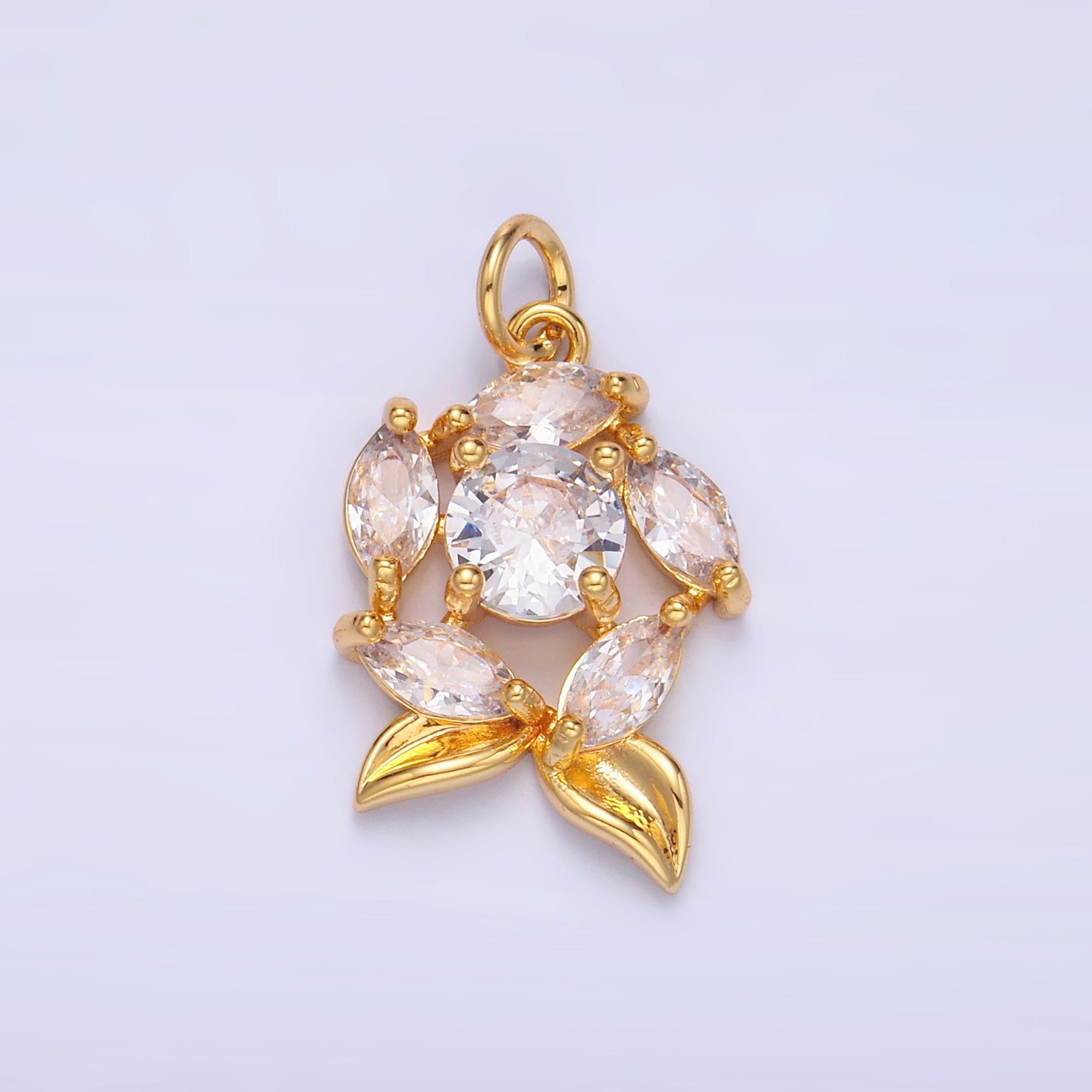 24K Gold Filled Flower Pendant Charm with Clear CZ Stone | X915