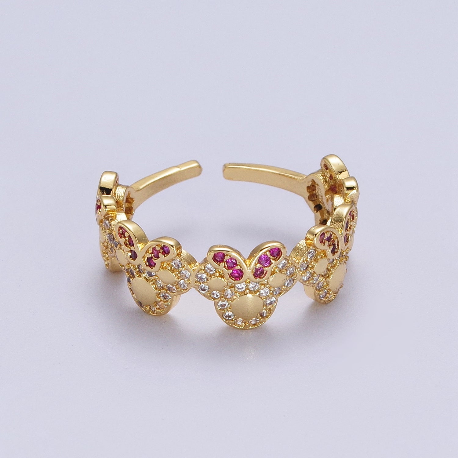 Clear Micro Paved CZ Fuchsia-Bowed Mouses Adjustable Gold Ring | Y478 - DLUXCA