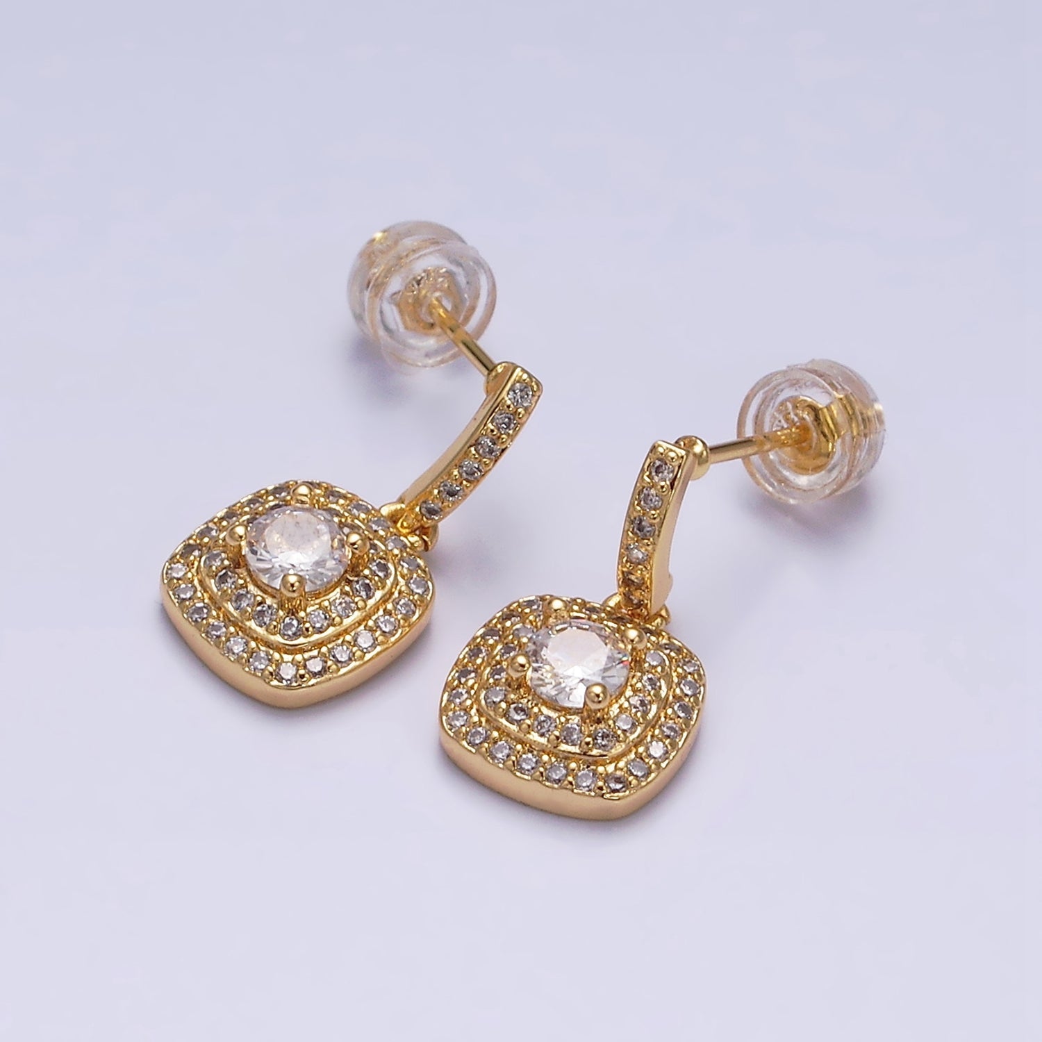 16K Gold Filled Clear Square Micro Paved Round CZ Drop Linear Stud Earrings in Gold & Silver | Y-785 Y-786