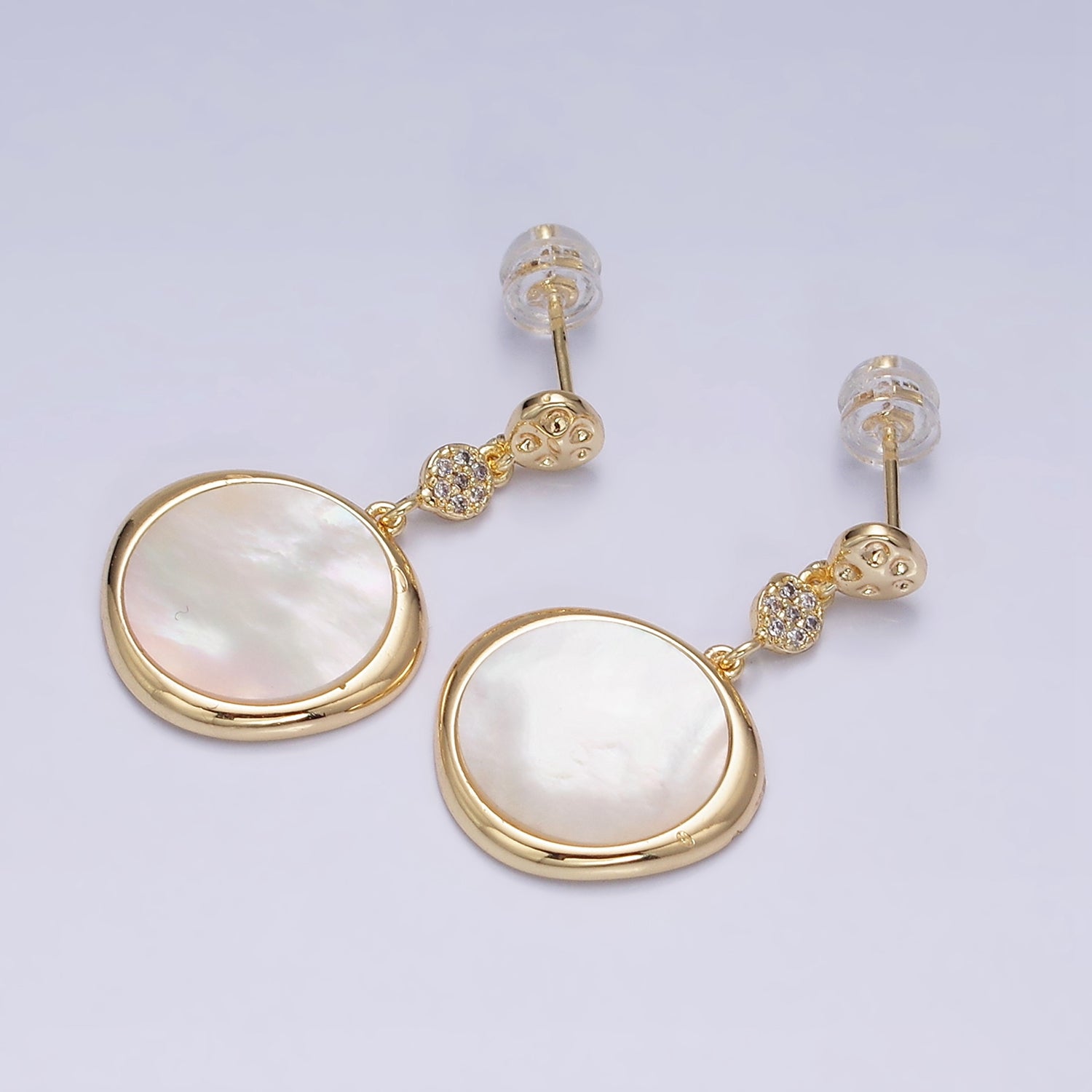 16K Gold Filled Shell Pearl Stamped Micro Paved Hammered Triple Round Drop Stud Earrings in Gold & Silver | Y-799 Y-800