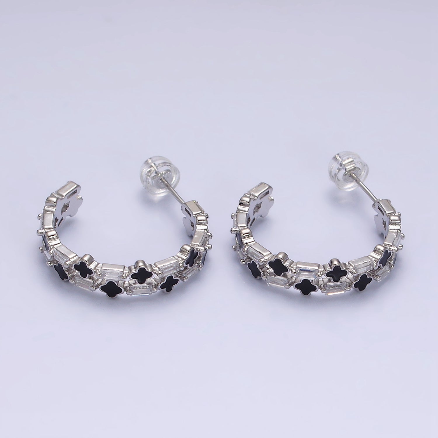 16K Gold Filled Double Black Quatrefoil Clover Clear Baguette C-Shaped Hoop Earrings in Gold & Silver | Y-805 Y-806