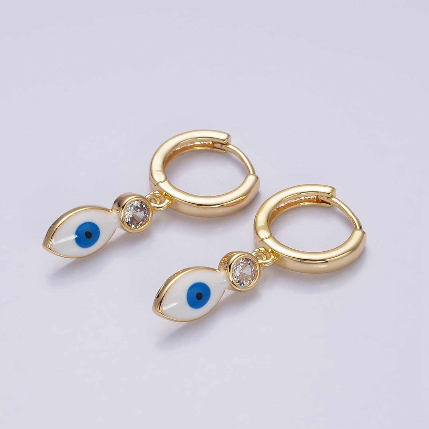 16K Gold Filled White, Teal, Black Enamel Evil Eye Drop Huggie Hoop Earrings in Gold & Silver | Y831 - Y836 - DLUXCA