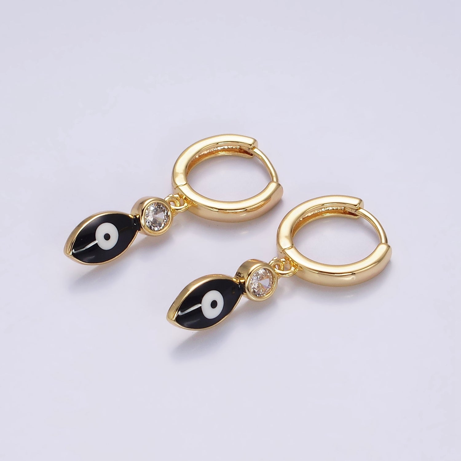 16K Gold Filled White, Teal, Black Enamel Evil Eye Drop Huggie Hoop Earrings in Gold & Silver | Y831 - Y836 - DLUXCA