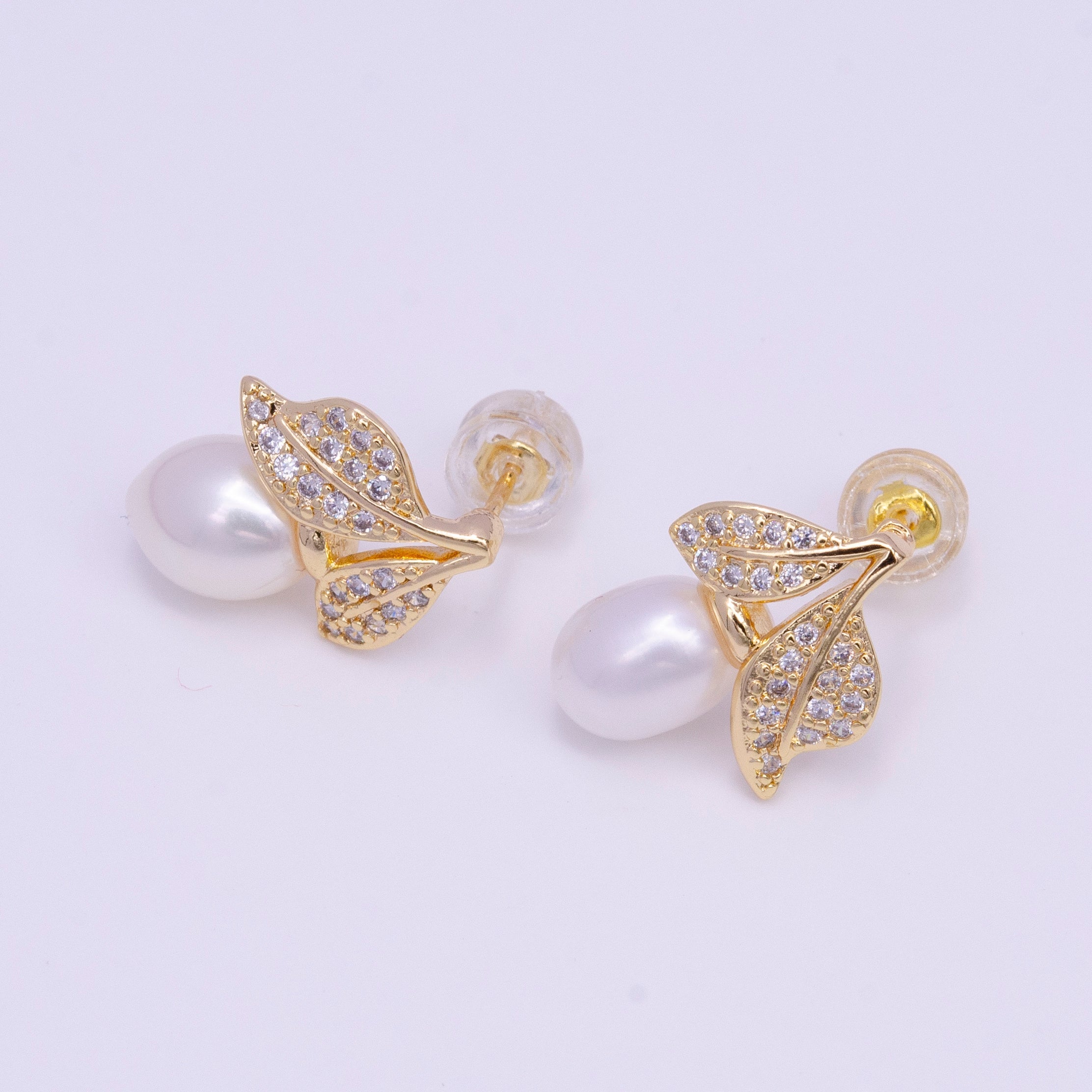 16K Gold Filled Pearl Micro Paved CZ Leaf Nature Stud Earrings in Gold & Silver | Y849 AE794 - DLUXCA