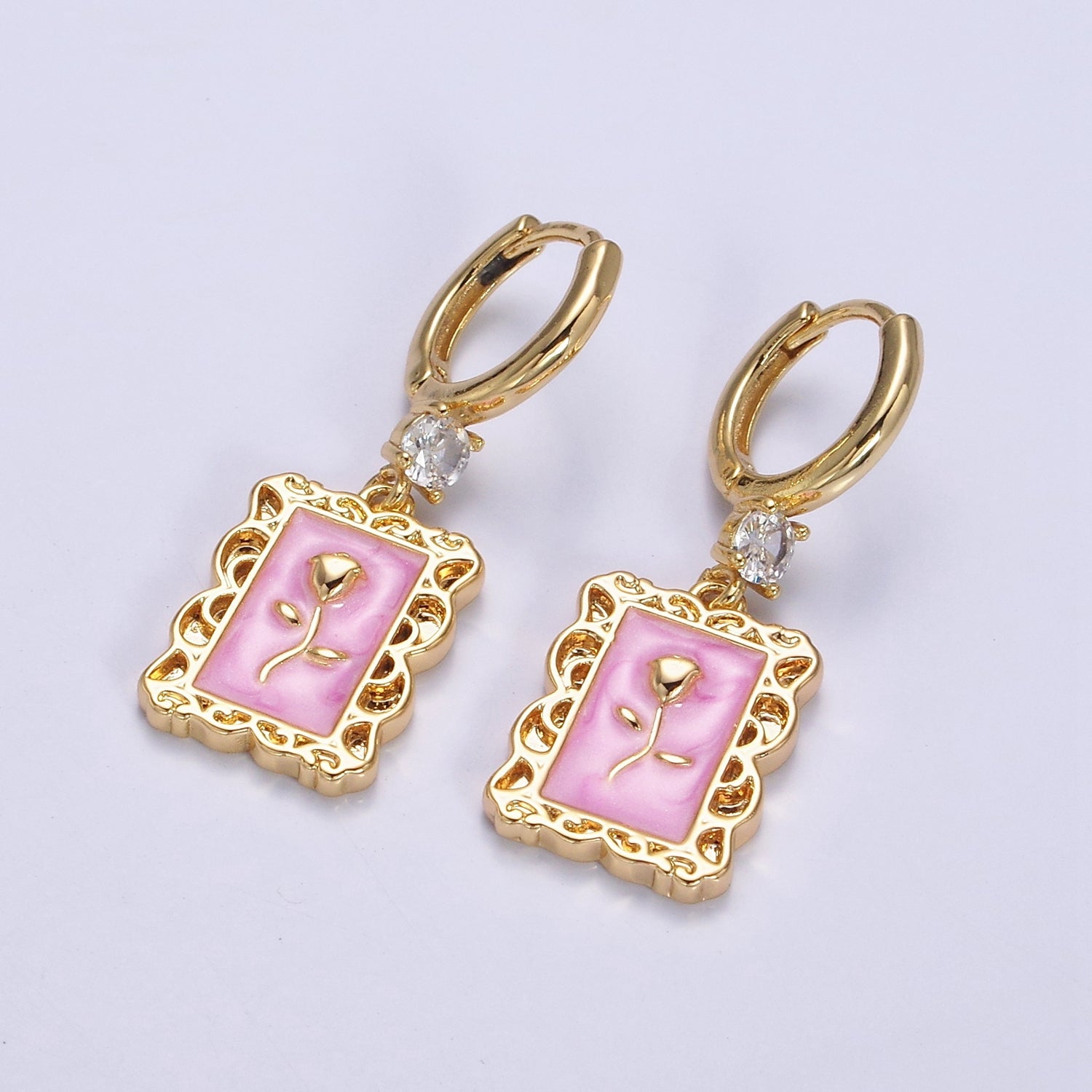 16K Gold Filled Pink, White, Blue Sparkly Enamel Rose Flower Rectangular CZ Drop Huggie Earrings | Y861 - Y863 - DLUXCA
