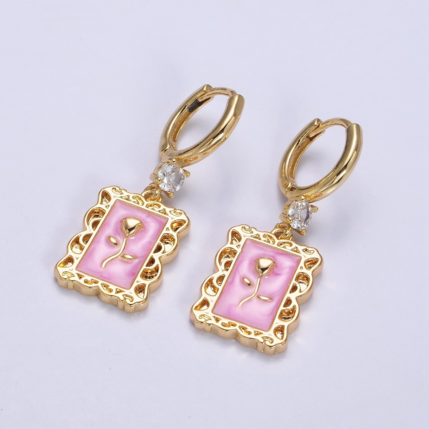 16K Gold Filled Pink, White, Blue Sparkly Enamel Rose Flower Rectangular CZ Drop Huggie Earrings | Y-861 ~ Y-863