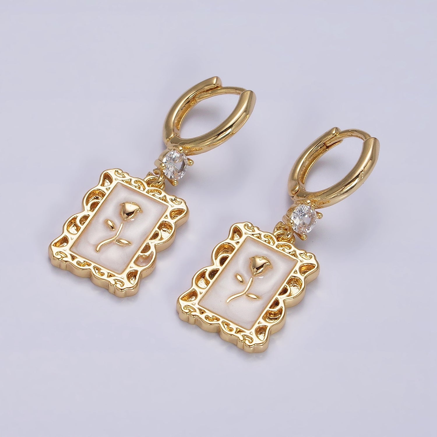 16K Gold Filled Pink, White, Blue Sparkly Enamel Rose Flower Rectangular CZ Drop Huggie Earrings | Y-861 ~ Y-863