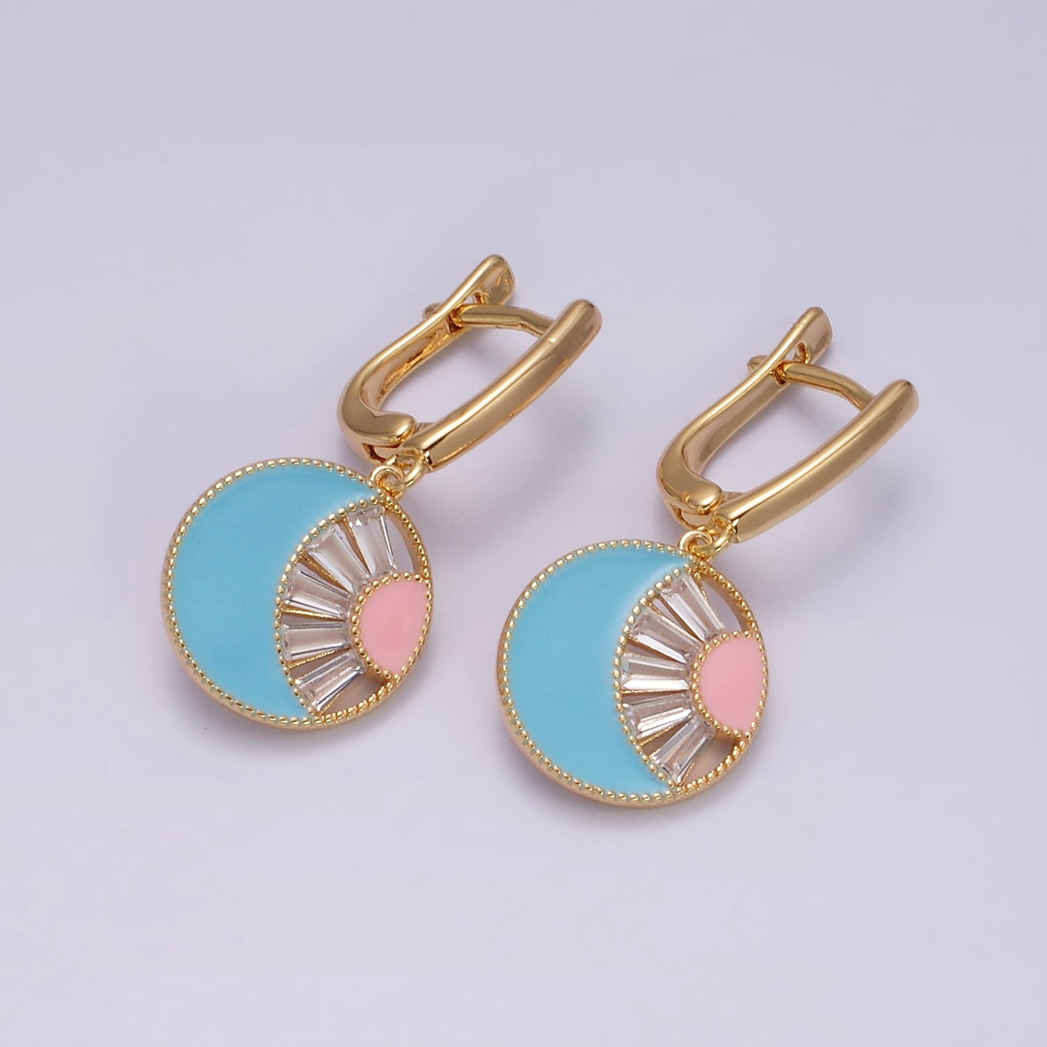 16K Gold Filled Celestial Sun Crescent Moon Blue & Pink Enamel Baguette Drop English Lock Earrings in Gold & Silver | Y-889 Y-890