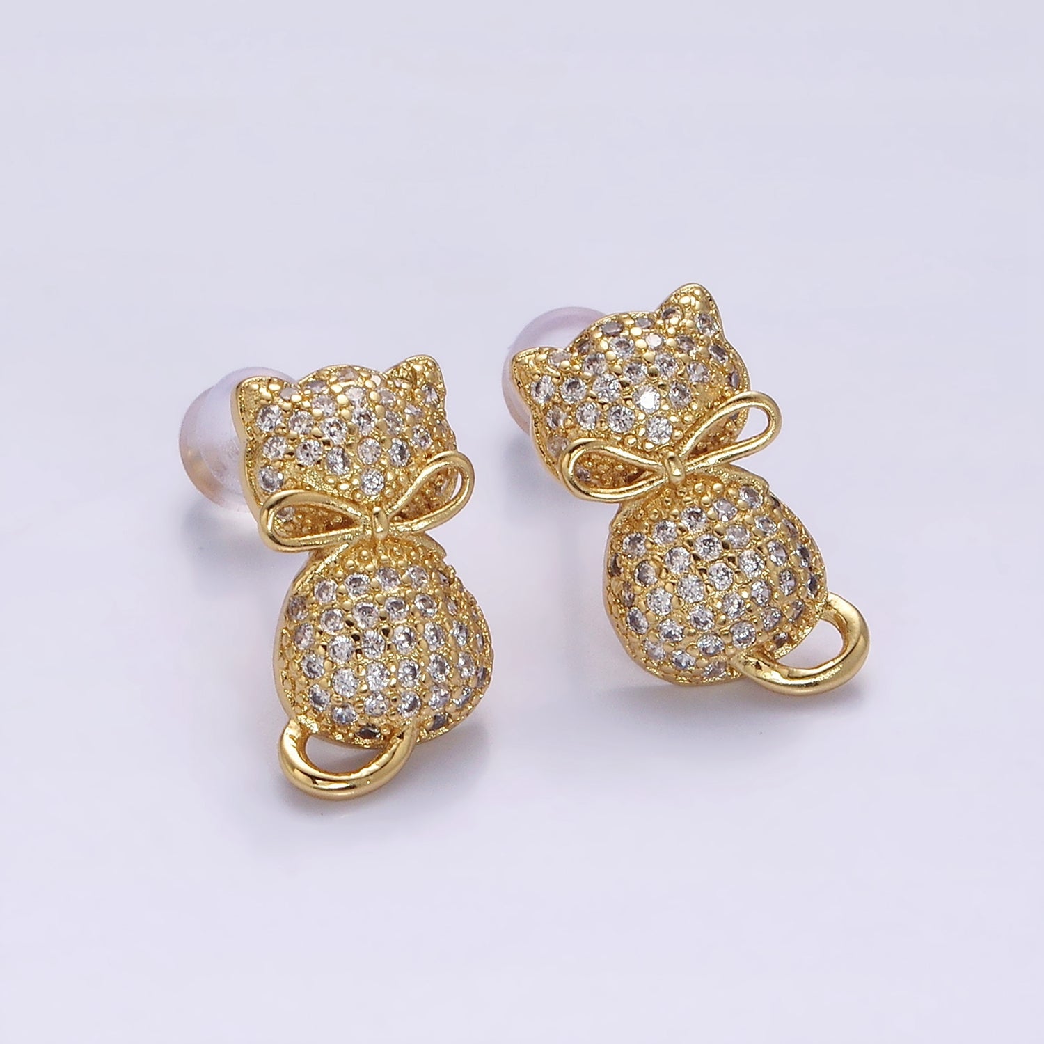 16K Gold Filled Kitty Cat Silhouette Bow Ribbon Micro Paved CZ Stud Earrings | Y892 - DLUXCA