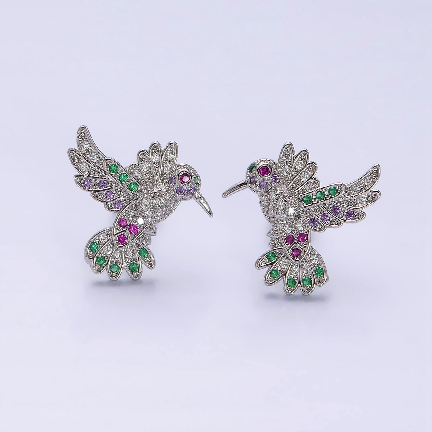 14K Gold Filled Multicolor Micro Paved CZ Hummingbird Pet Earrings Set in Gold & Silver | Y902 Y903 - DLUXCA