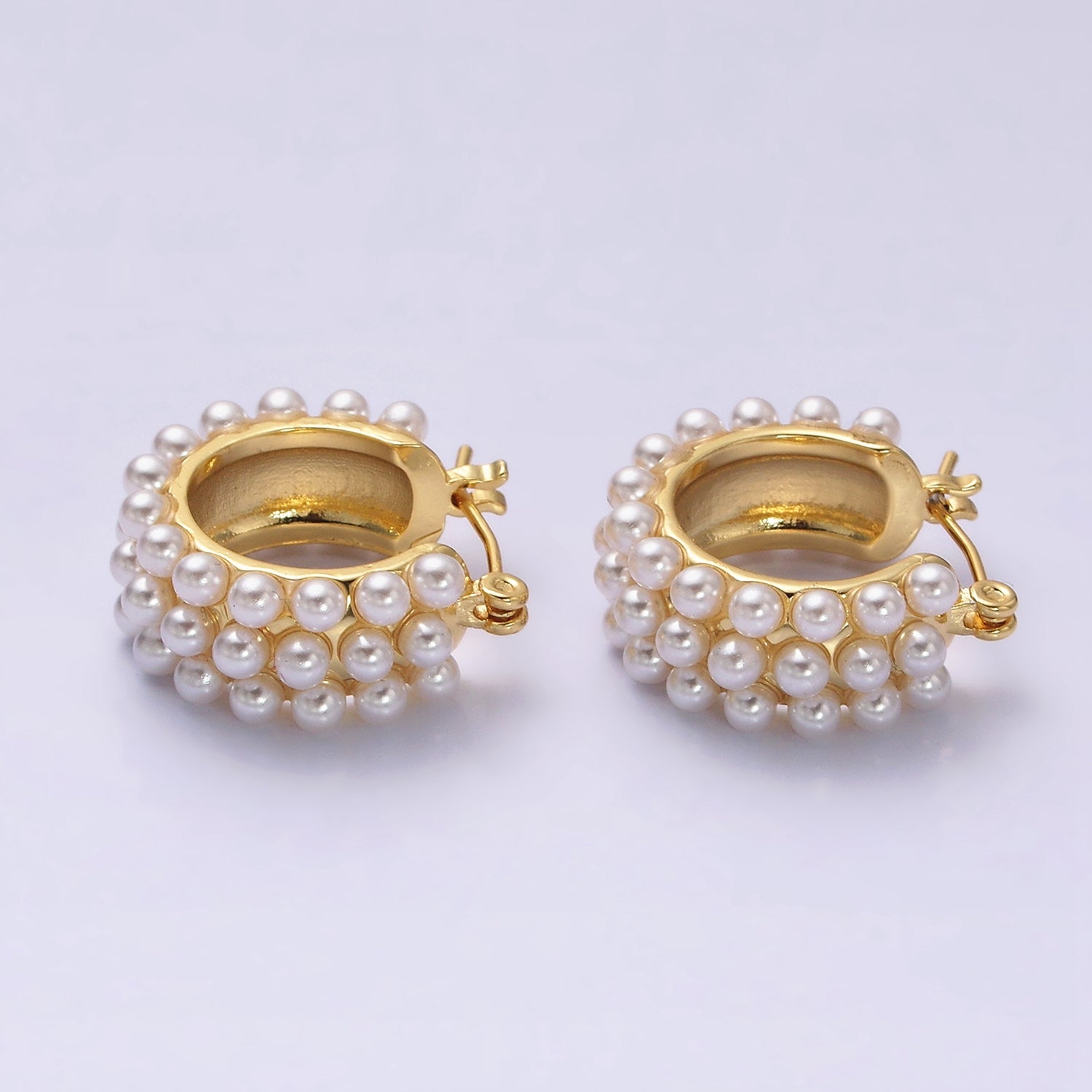 14K Gold Filled White Pearl Dotted Latch Hoop Earrings in Silver & Gold | Y844 Y925