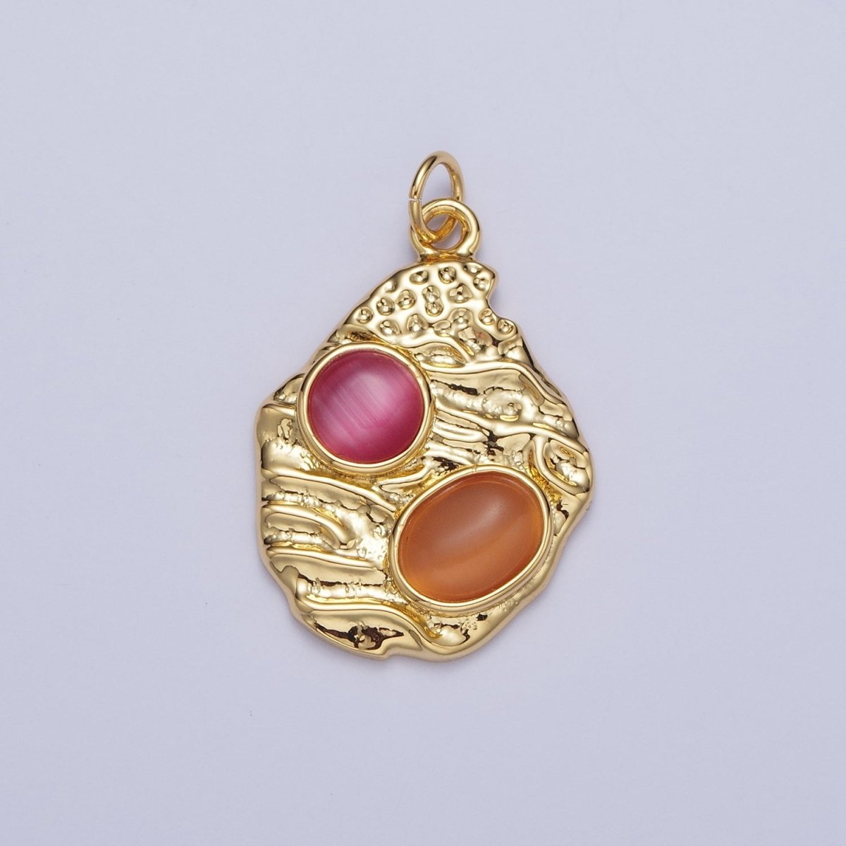 OS Abstract Textured Gold Charm with Pink Orange Cabochon Cat's Eye Gemstones Charm For Jewelry Making | X-747