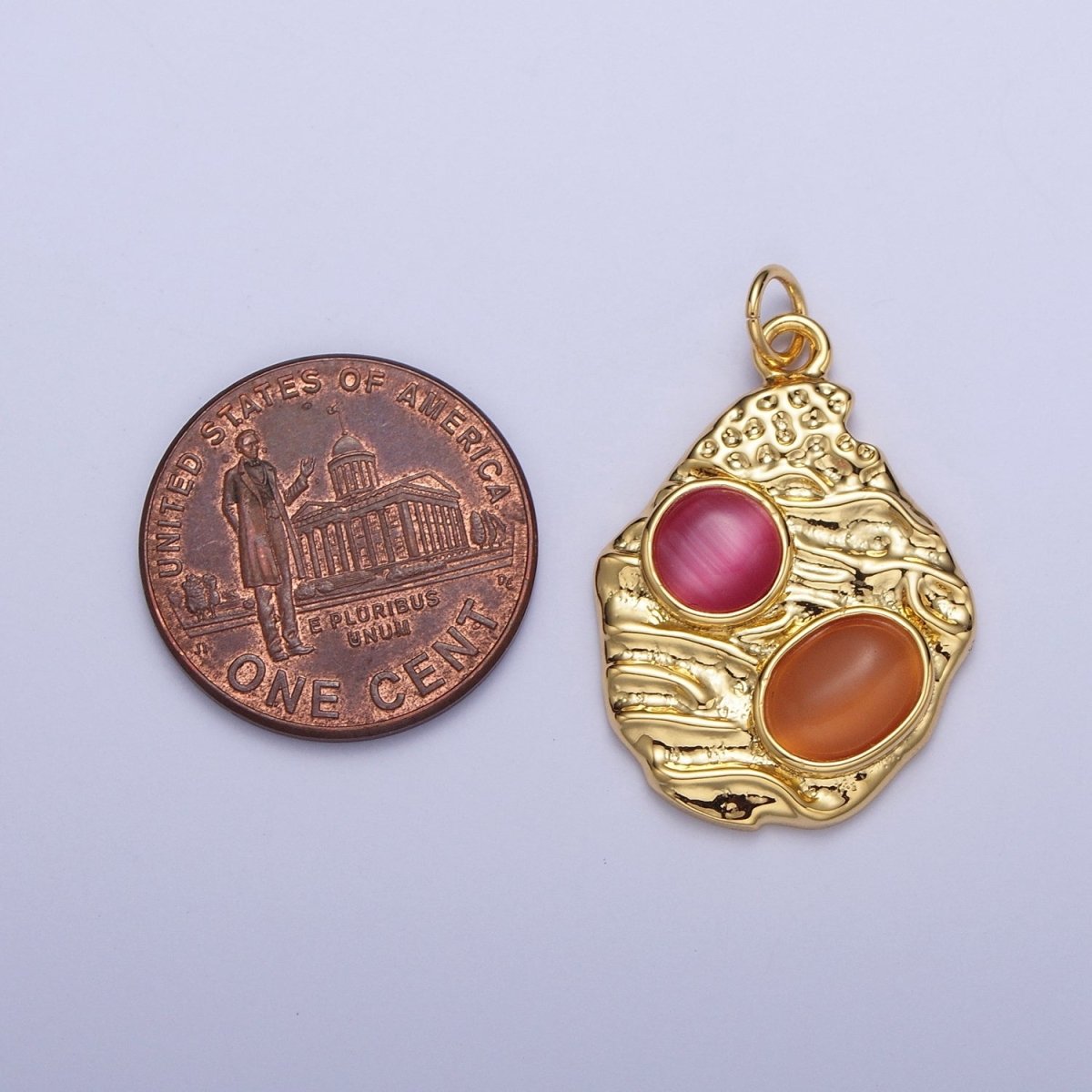OS Abstract Textured Gold Charm with Pink Orange Cabochon Cat's Eye Gemstones Charm For Jewelry Making | X-747