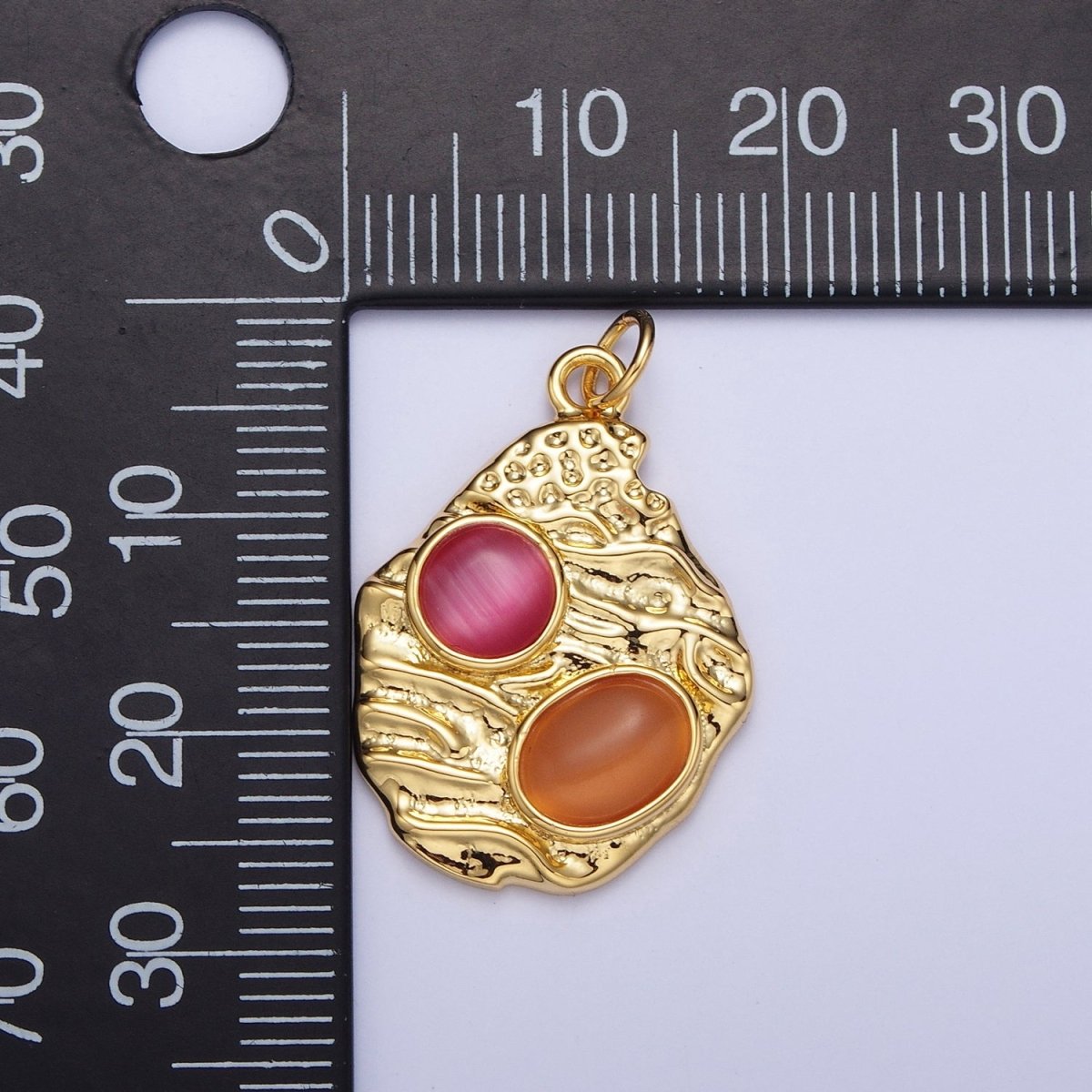OS Abstract Textured Gold Charm with Pink Orange Cabochon Cat's Eye Gemstones Charm For Jewelry Making | X-747