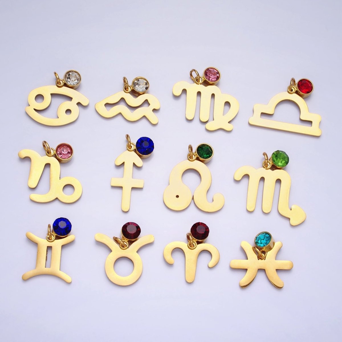 Add on Charm Stainless Steel Zodiac Astrological Signs Birthstone CZ Month Personalized Charm in Gold | A1409-A1414
