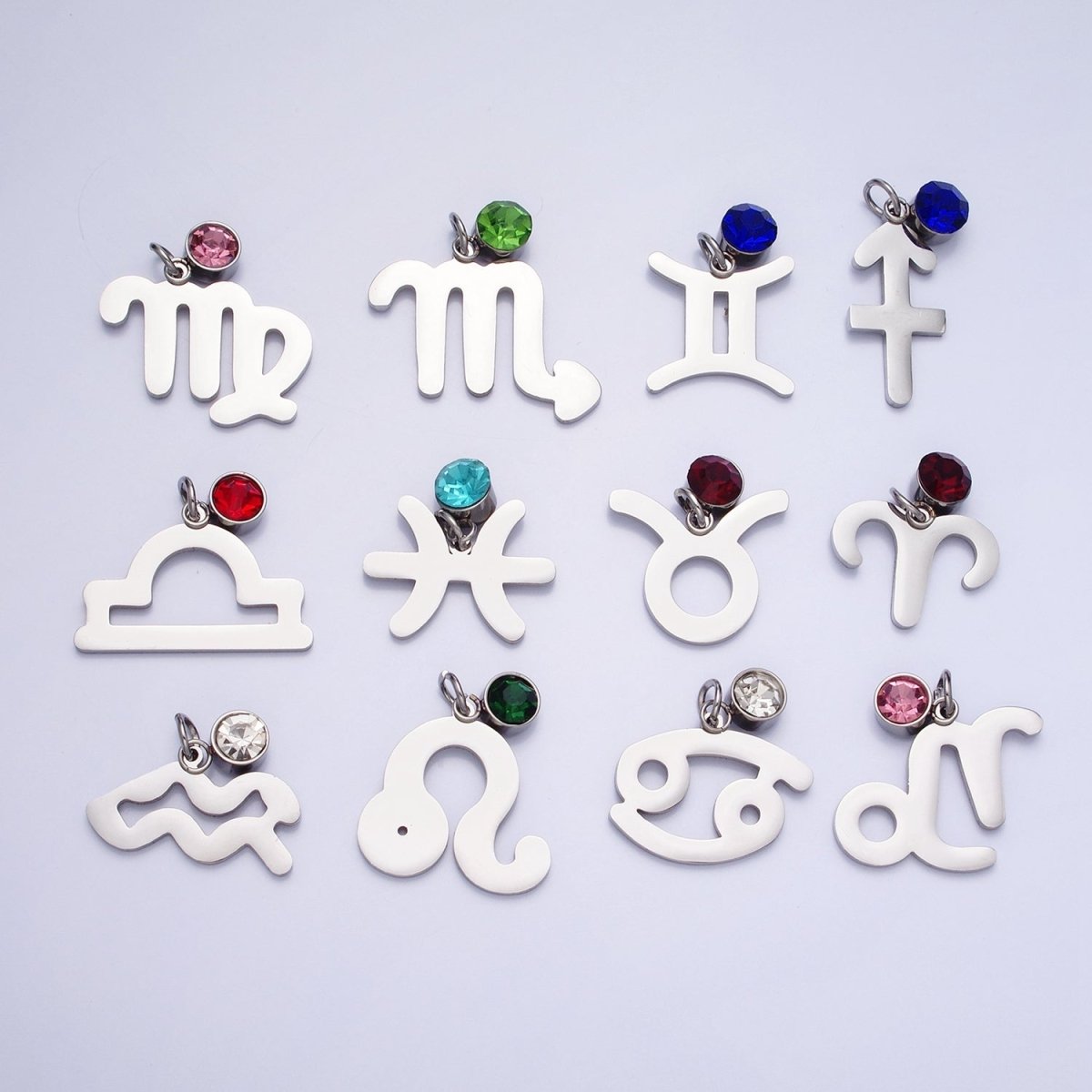 Add on Charm Stainless Steel Zodiac Astrological Signs Birthstone CZ Month Personalized Charm in Silver | A-A1403-A-A1408