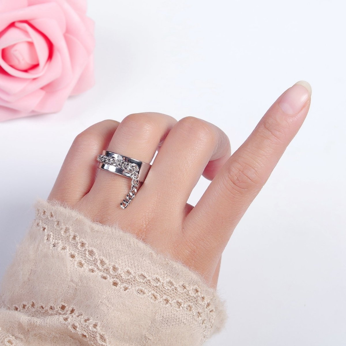 Adjustable Chain Ring - Gold Open Band Ring - Midi Stacking Ring - Punk Chain Ring O-2191 O-2192