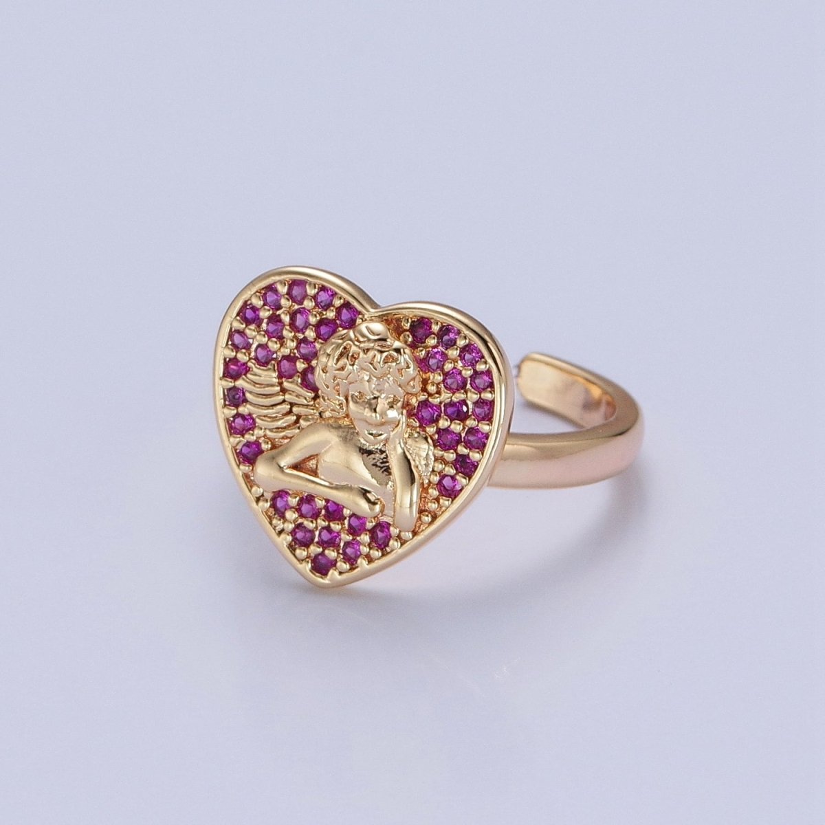 Adjustable heart cherub ring Pave Pink, Black CZ heart angel cherub ring Statement Ring O-747 O-748