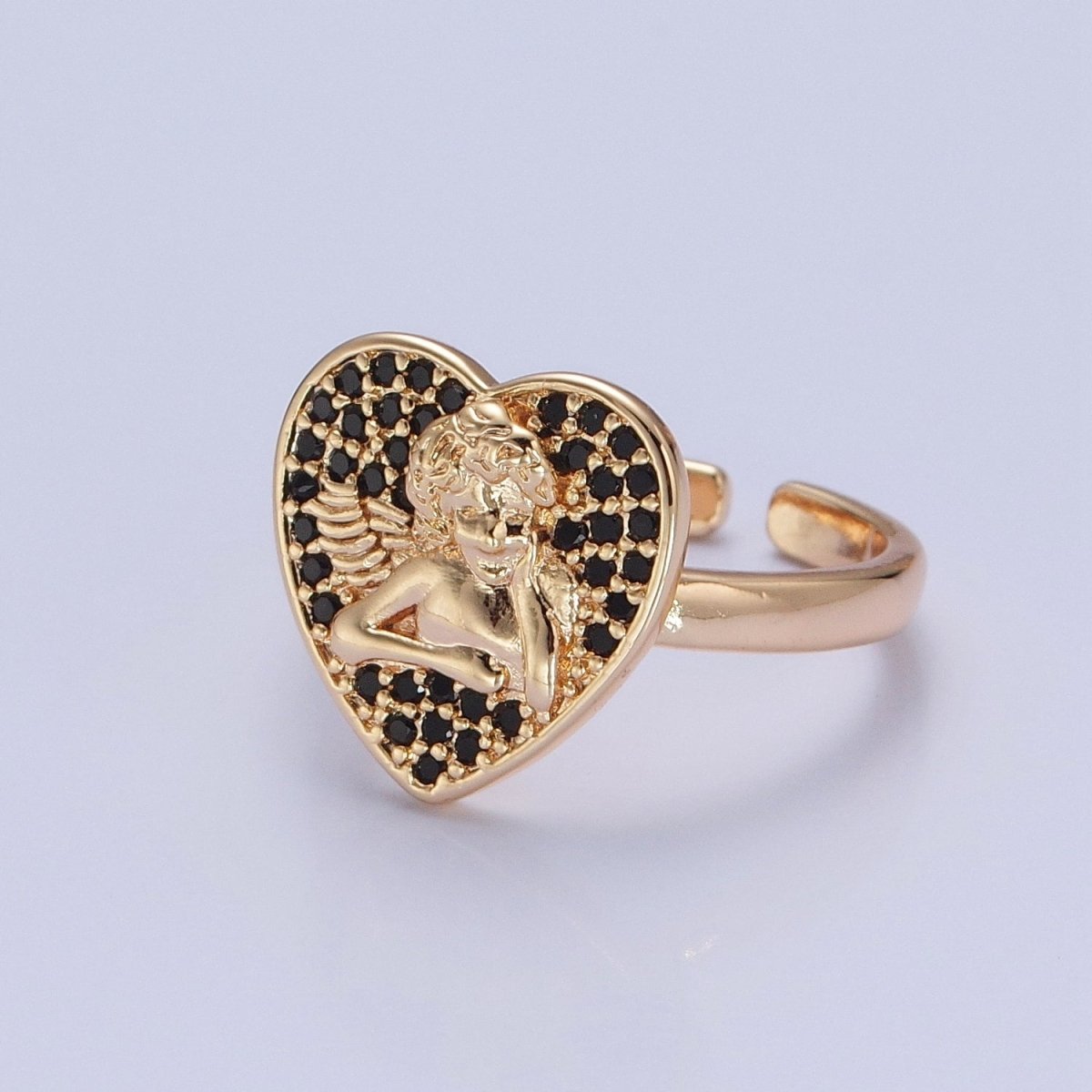 Adjustable heart cherub ring Pave Pink, Black CZ heart angel cherub ring Statement Ring O-747 O-748